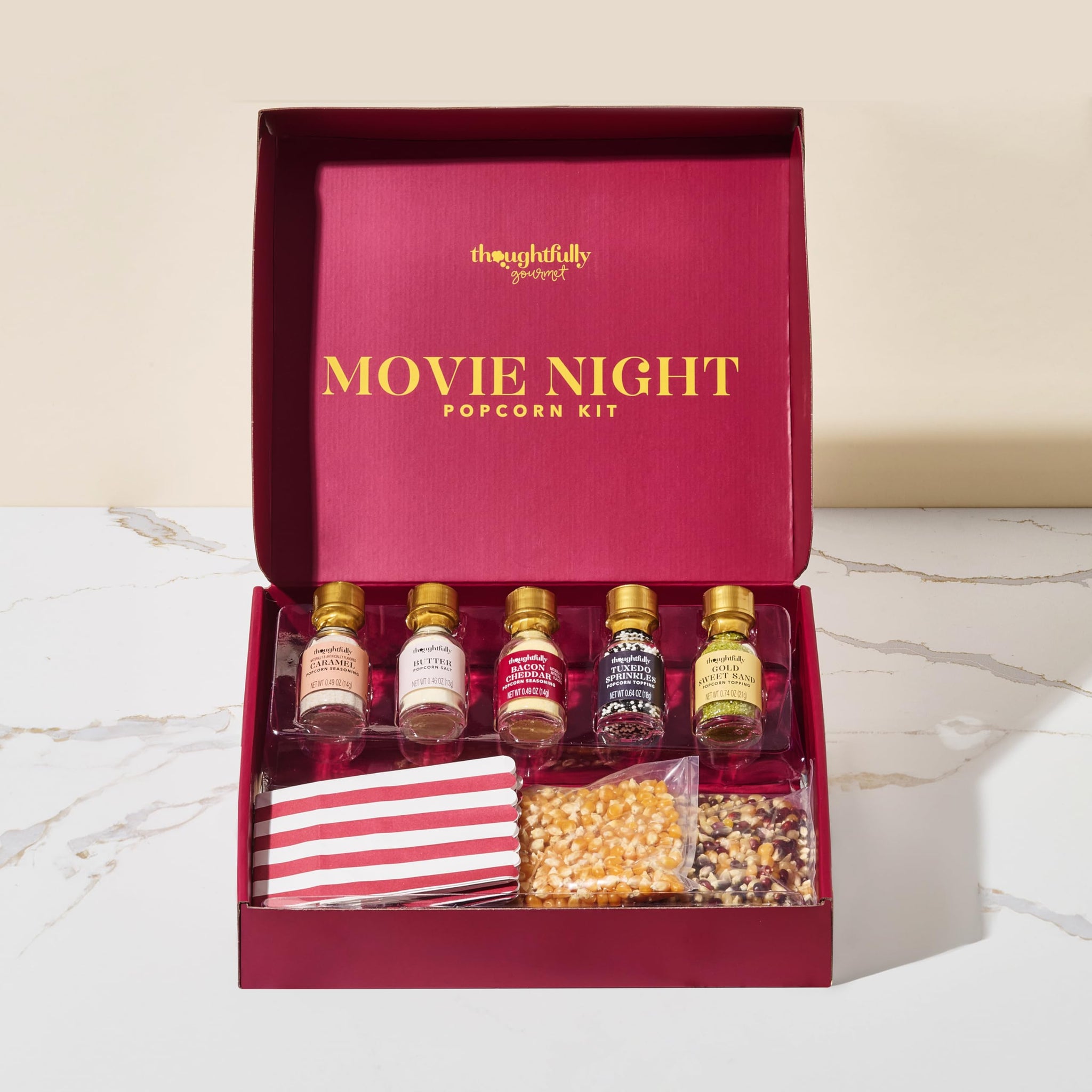 Thoughtfully Gourmet, Movie Night Popcorn Set, Includes Yellow and Mixed Popcorn Kernels, 10 Paper Bags, 5 Seasonings & Toppings