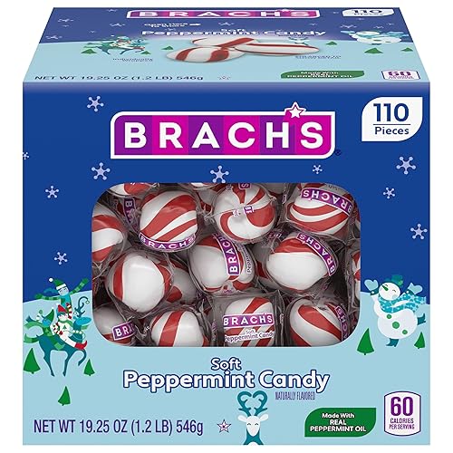 Brach's Holiday Soft Peppermint Candy Tub, Individually Wrapped Mints, 19oz, 110 Pieces