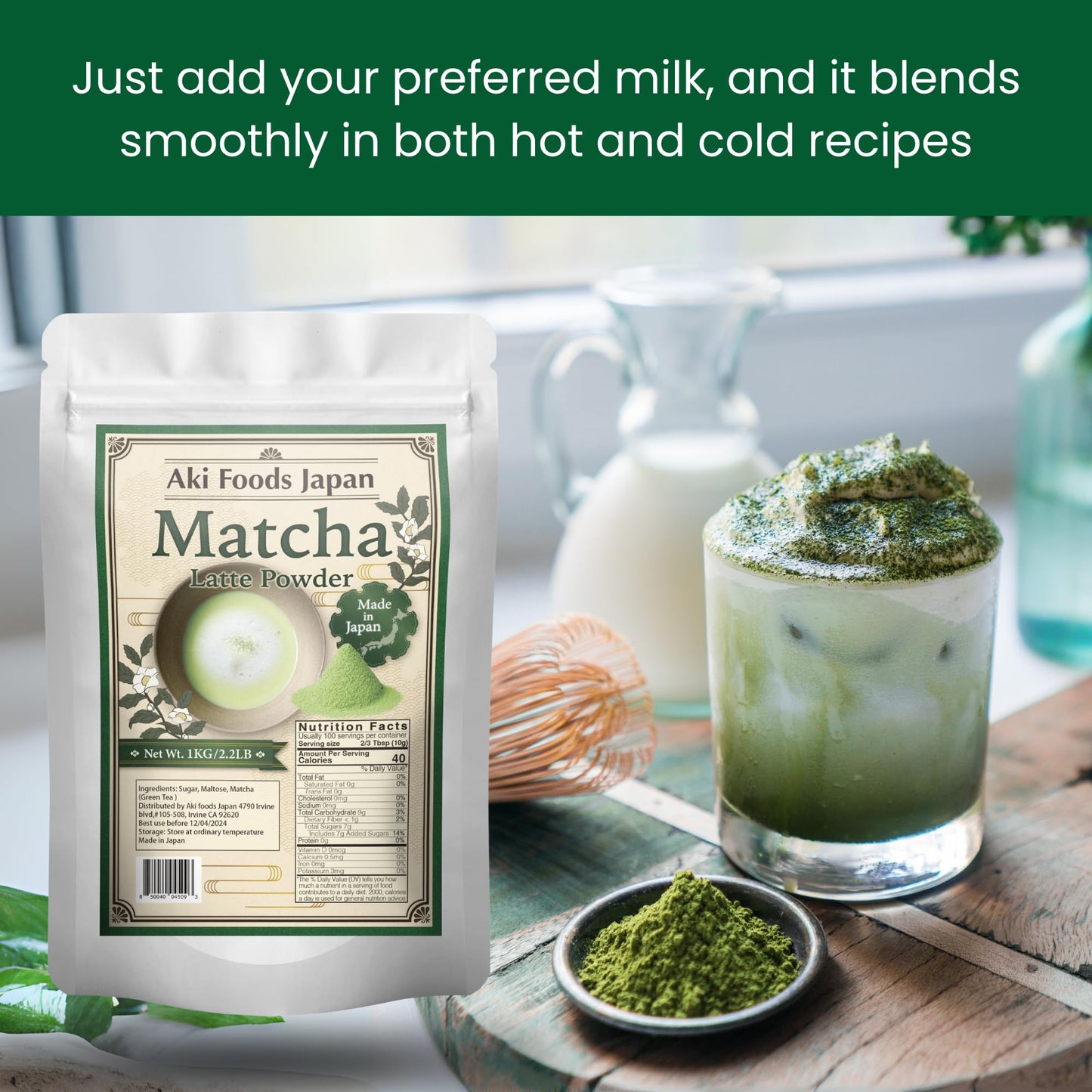 Matcha Latte Mix 2.2LB (1kg) by Aki Foods Japan - Premium Japanese Green Tea Latte Powder, Authentic Matcha Flavor, Easy to Prepare | For Bulk