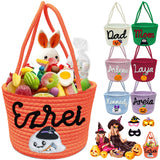 Personalized Halloween Basket, Trick or Treat Bags with Name for Kids Boys Girls Custom Woven Candy Bucket Pumpkin Gifts