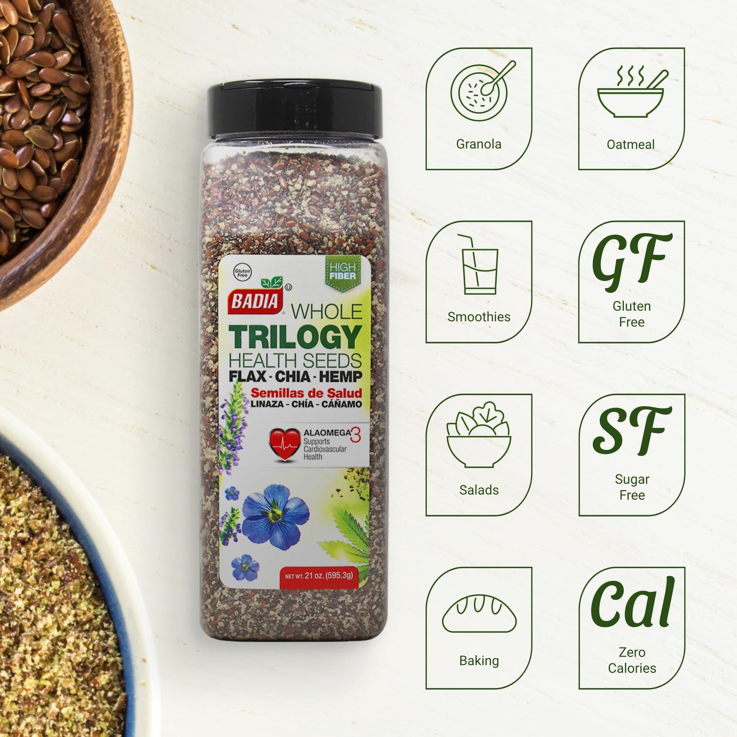 Badia Trilogy Health Seed, Flax, Chia, Hemp Seeds Blend, High Fiber Superfood Mix, Omega-3, 21 oz