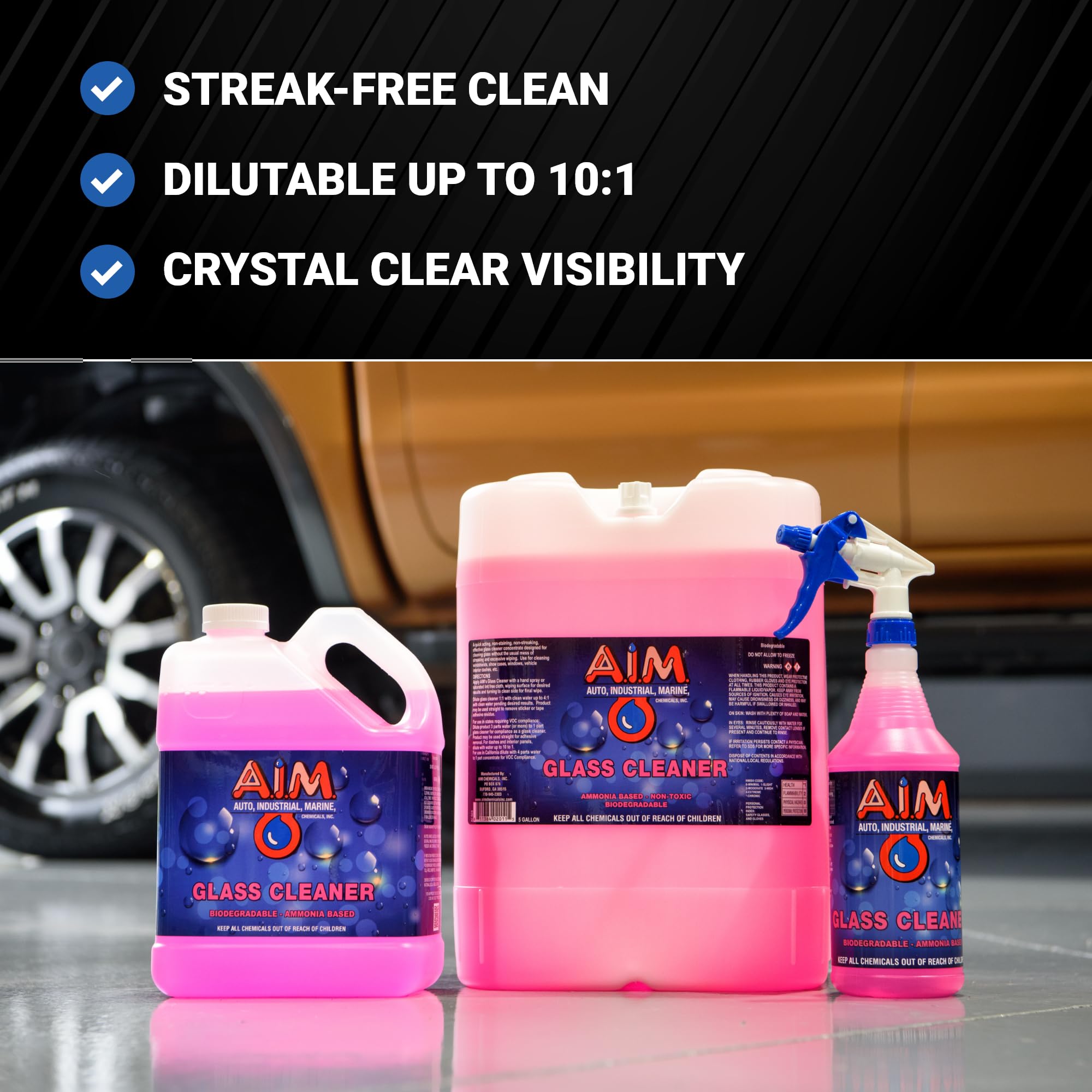 AIM Chemicals Ammoniated Glass Cleaner Concentrate - Streak-Free Shine for Windows, Cars, Homes, Offices - Dilutes 10:1 - Removes Dirt, Grime