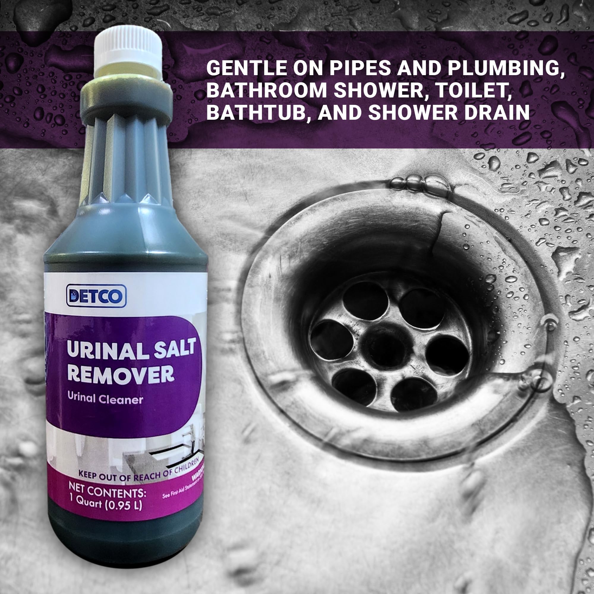 DETCO Urinal Salt Remover Concentrate - Safe on Pipes and Plumbing, Odor Control, Cleans Rust, Scale, and Uratic Salt Build-Up, 1 Quart