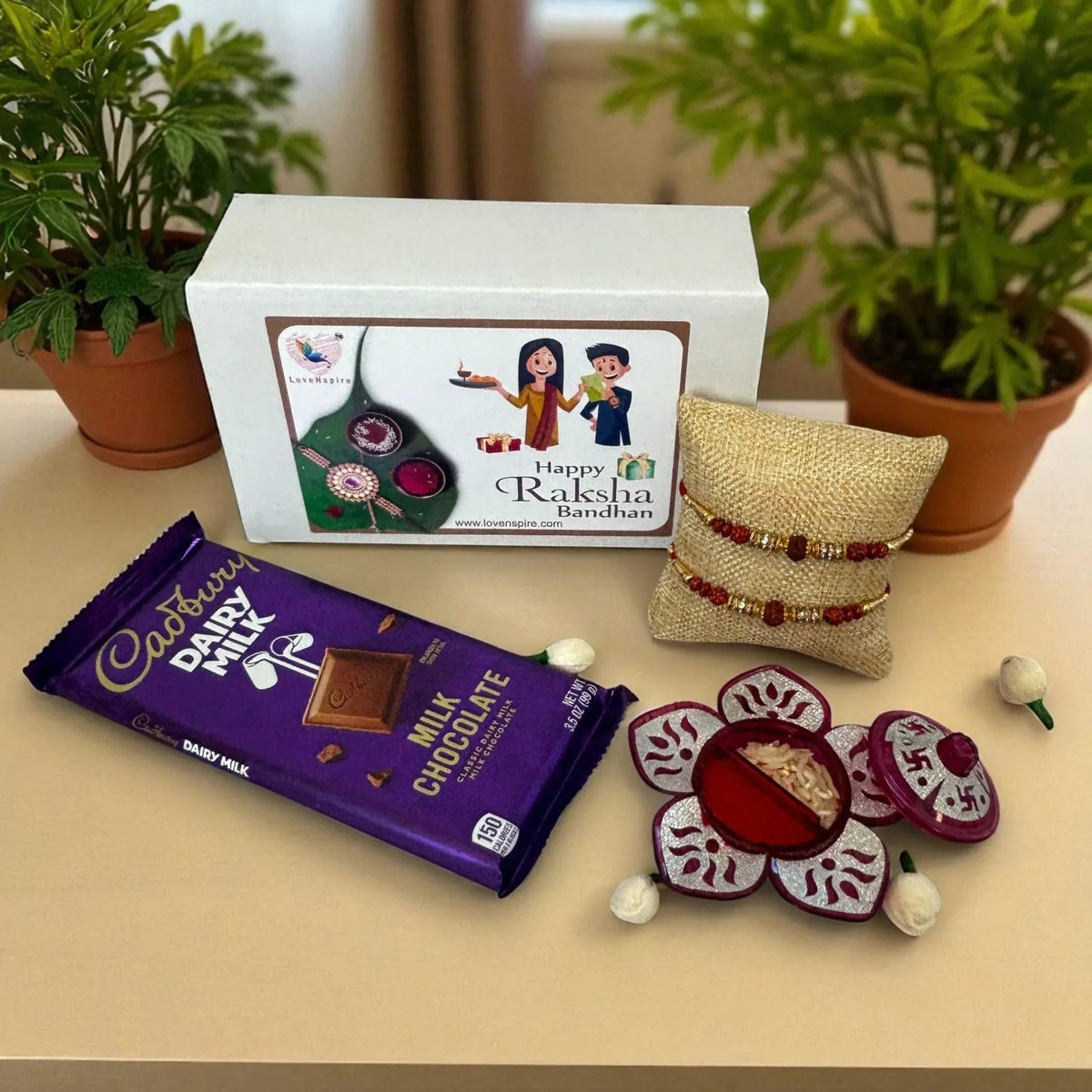 LoveNspire Rakhi Gift Hamper for Brother & Bhabhi - Includes Designer Handmade Raksha Bandhan Bracelet Threads, Chocolate, & Roli Chawal Hamper 2