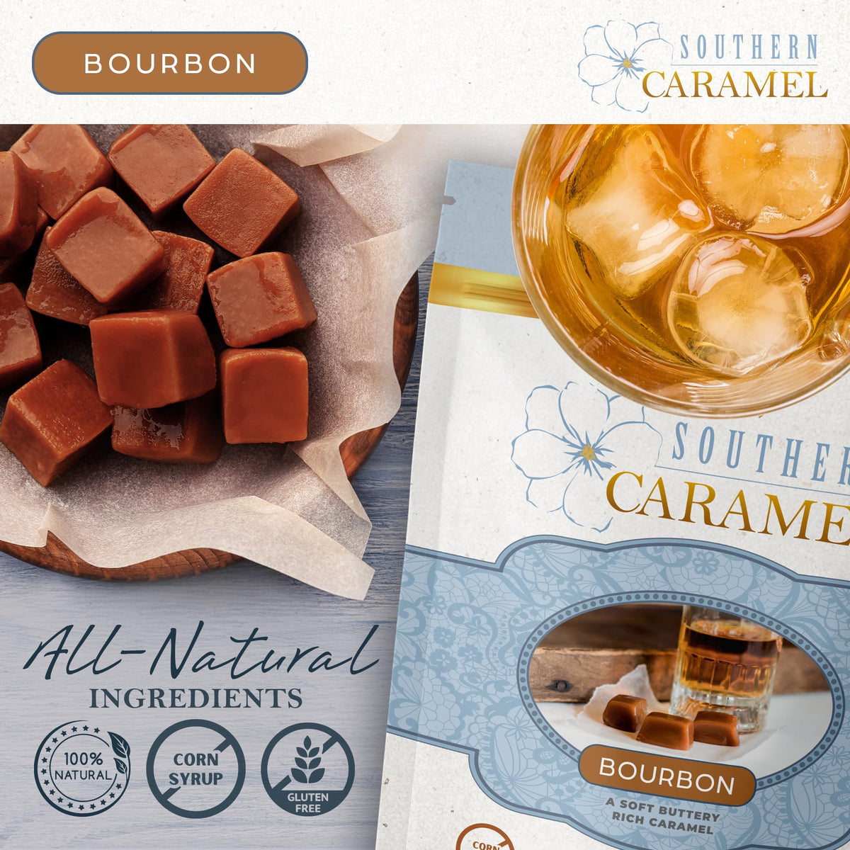 Southern Caramel Bourbon Caramels, Handcrafted, 8 oz (Pack of 1)