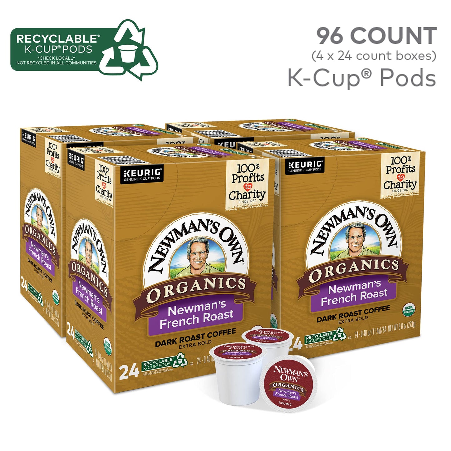 Newman's Own Organics French Roast, Single-Serve Keurig K-Cup Pods, Dark Roast Coffee, 96 Count