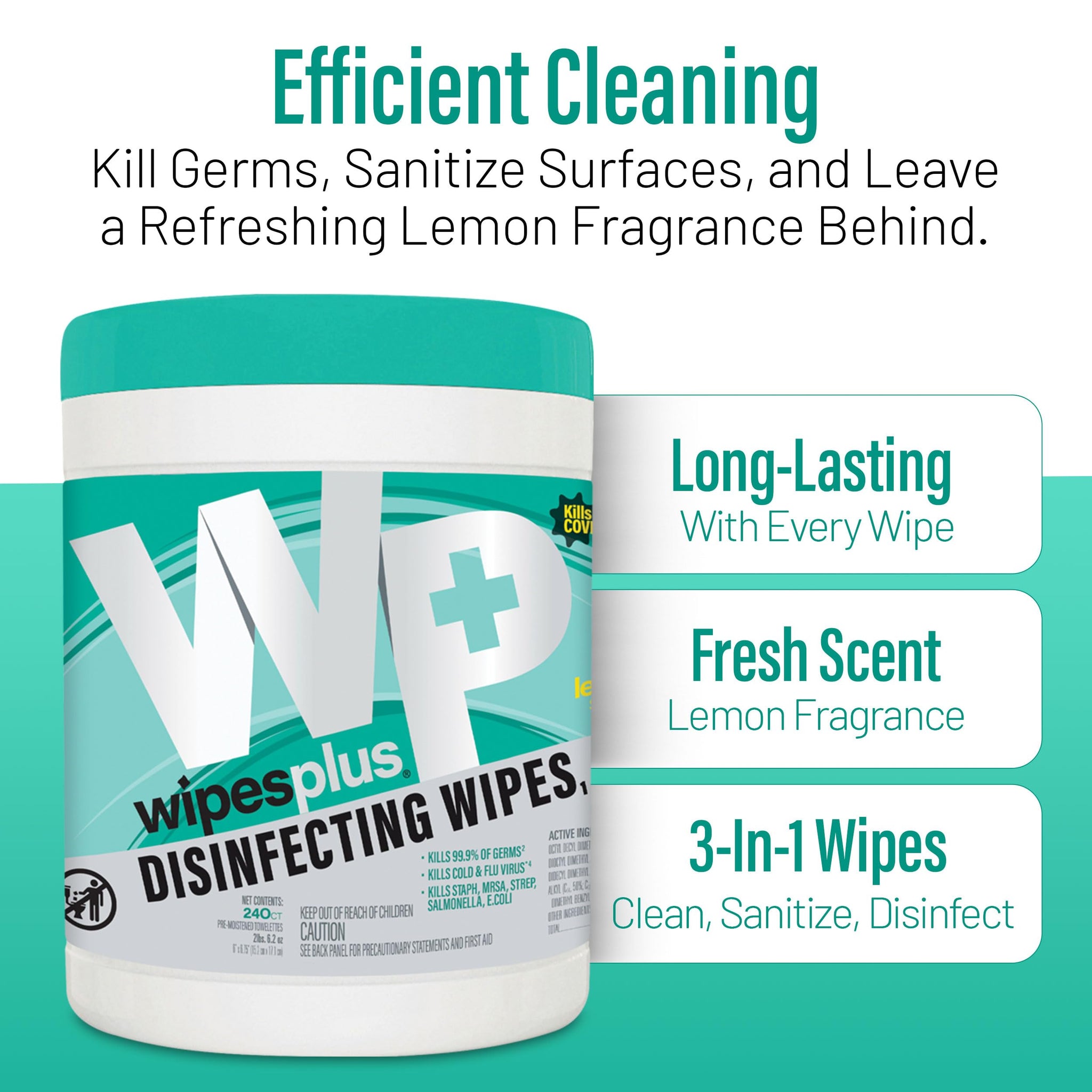WIPESPLUS Disinfecting Surface Wipes Canister Bleach Free with Lemon Scent for Home and Business, 240 Count