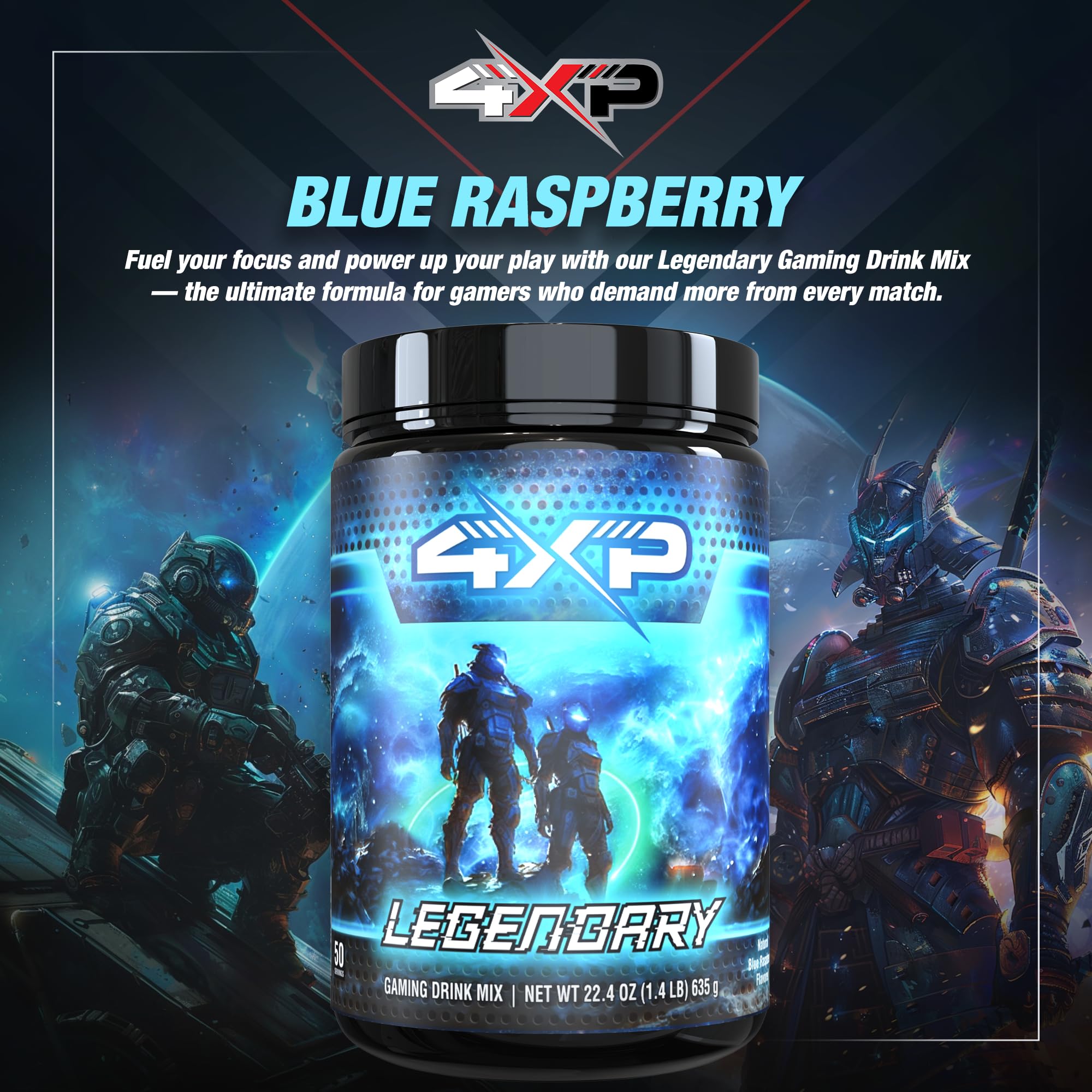 4XP Legendary Blue Raspberry Gaming Energy Drink Mix| Low-Cafeine Nootropic Powder with B Vitamins & Bold Blue Raspberry Flavor for Gamers |