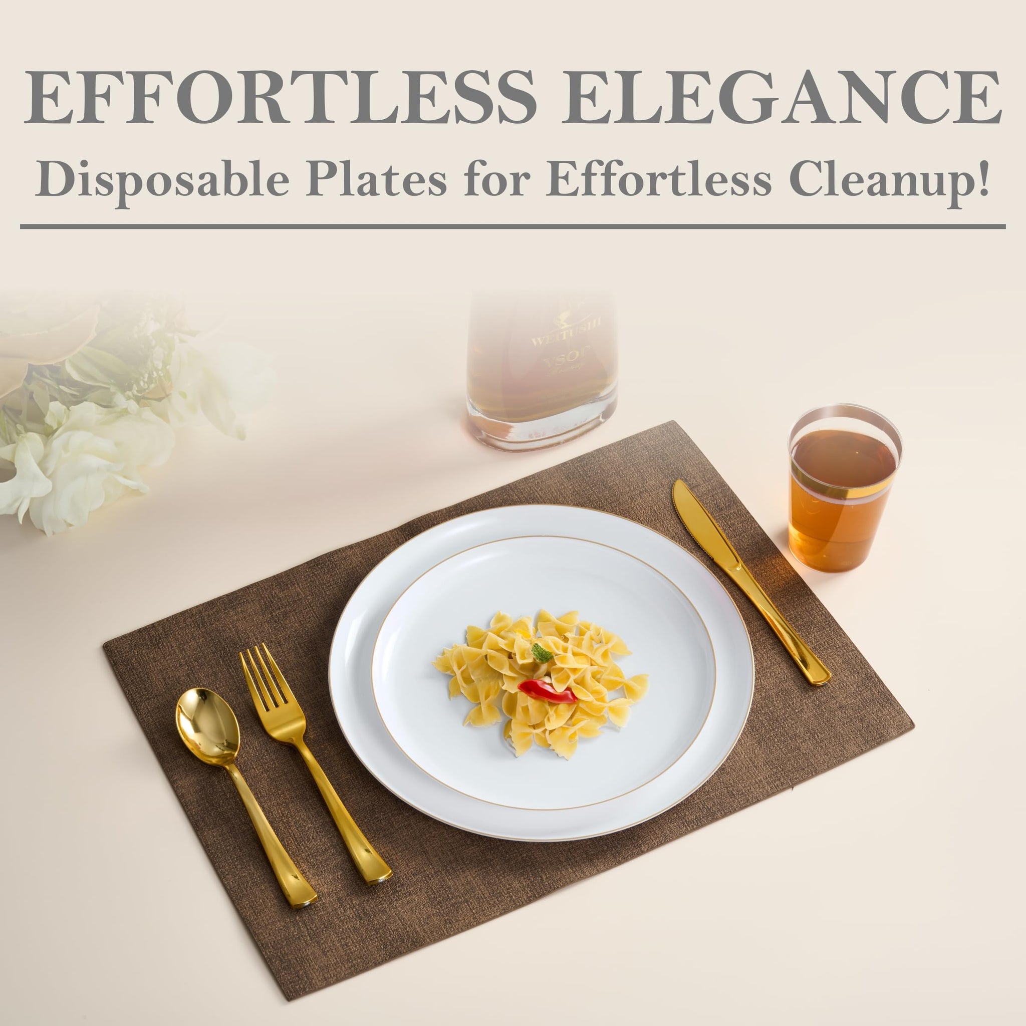 BloominGoods 50 PCS Disposable Plastic Plates For Party, 25 8.5 In. Appetizer Plates And 25 10.5 In. Dinner Plates, White With Gold Rim Plates