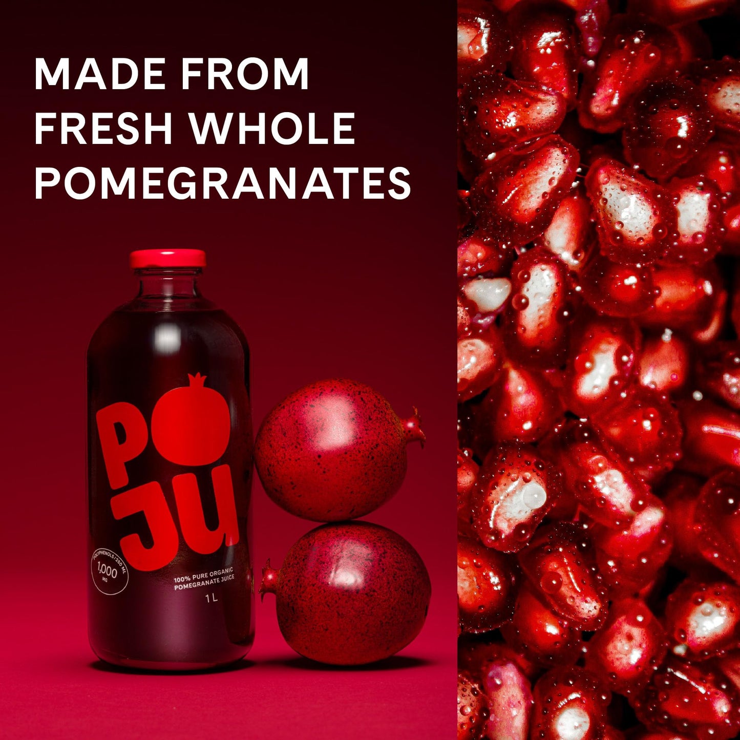 POJU 100% Organic Pomegranate Juice (Original, No Pulp) Cold Pressed 33.8 Fl Oz (1L) Bottle, Not from Concentrate, No Sugar Added, Non GMO, Kosher