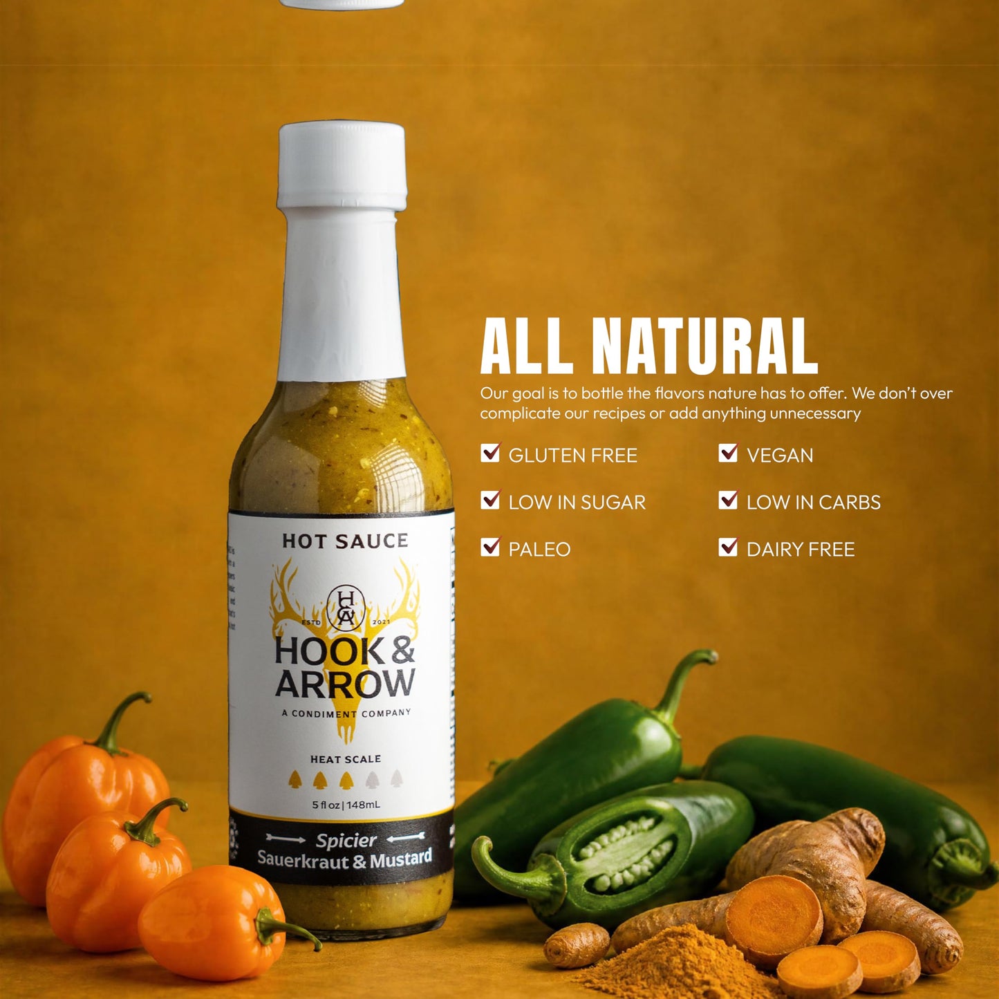 Hook & Arrow Spicier Sauerkraut & Mustard Hot Sauce - Low Sugar Tangy Spicy Mustard Sauce, Gluten-Free, Vegan, Paleo, Low Sodium (5 fl oz, 30