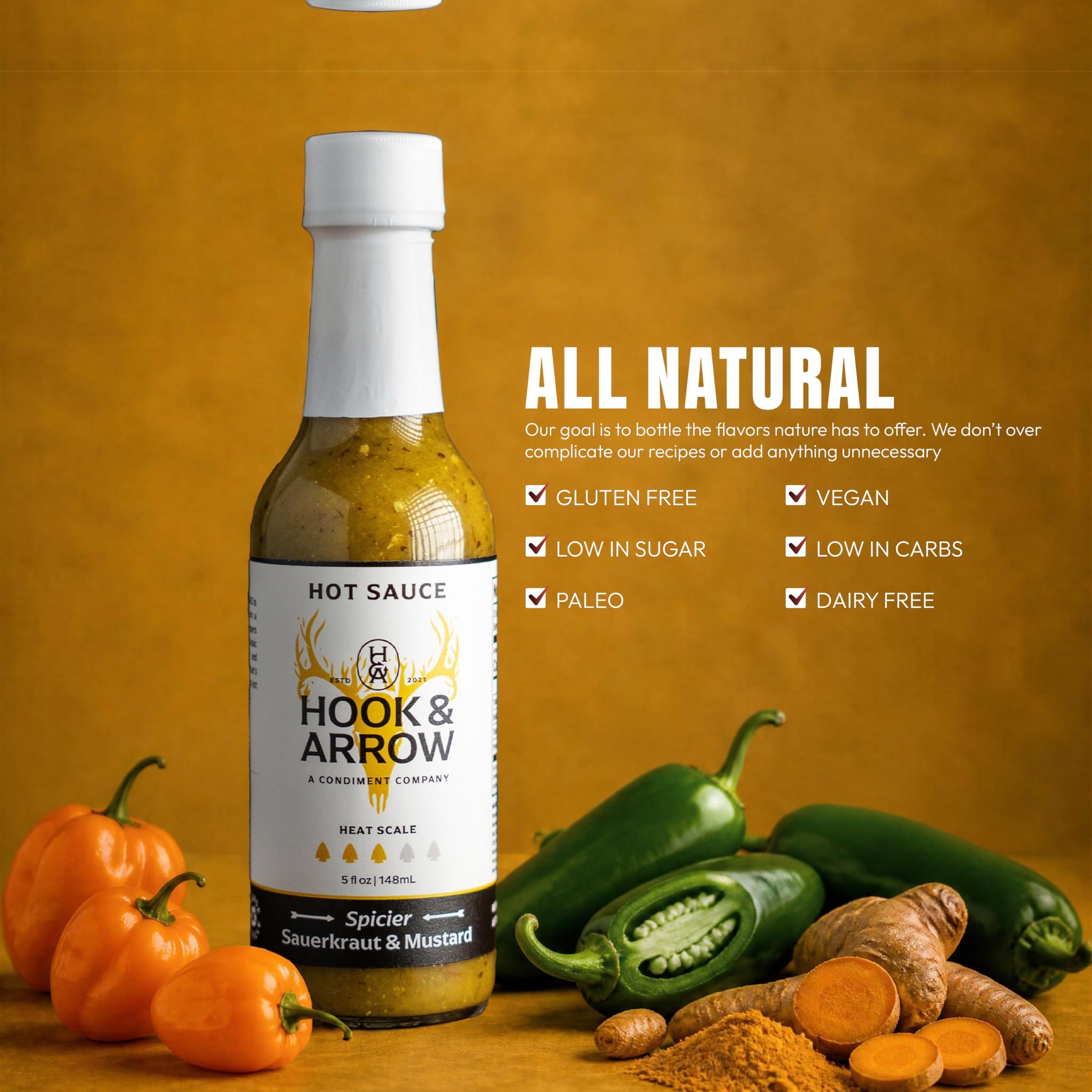 Hook & Arrow Spicier Sauerkraut & Mustard Hot Sauce - Low Sugar Tangy Spicy Mustard Sauce, Gluten-Free, Vegan, Paleo, Low Sodium (5 fl oz, 30