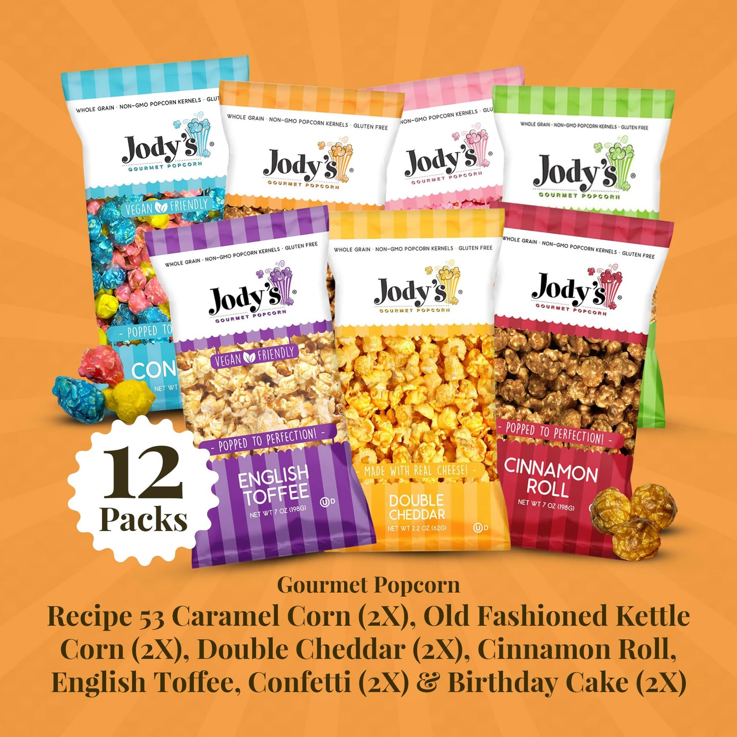 Jody’s Gourmet Popcorn 6-Pack Variety - R53 Caramel Corn x2 (7 oz), Kettle Corn x2 (2 oz), Double Cheddar x2 (2.2 oz) - Sweet & Savory Snack Mix