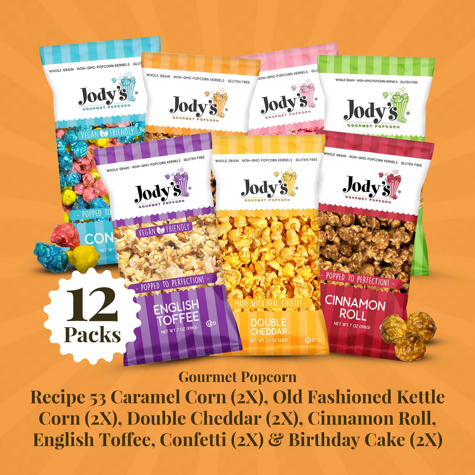 Jody’s Gourmet Popcorn 6-Pack Variety - R53 Caramel Corn x2 (7 oz), Kettle Corn x2 (2 oz), Double Cheddar x2 (2.2 oz) - Sweet & Savory Snack Mix
