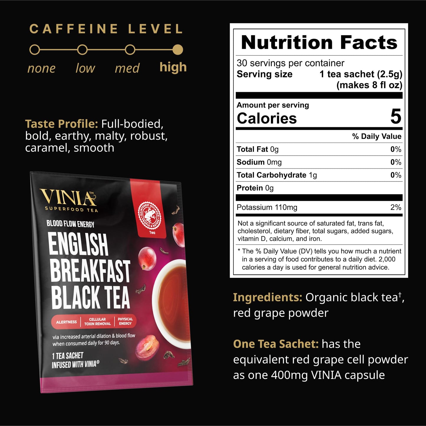 VINIA English Breakfast Black Tea Bags, Made with Organic Tea, Infused with Piceid Resveratrol for Heart Health, Nitric Oxide, Physical Energy