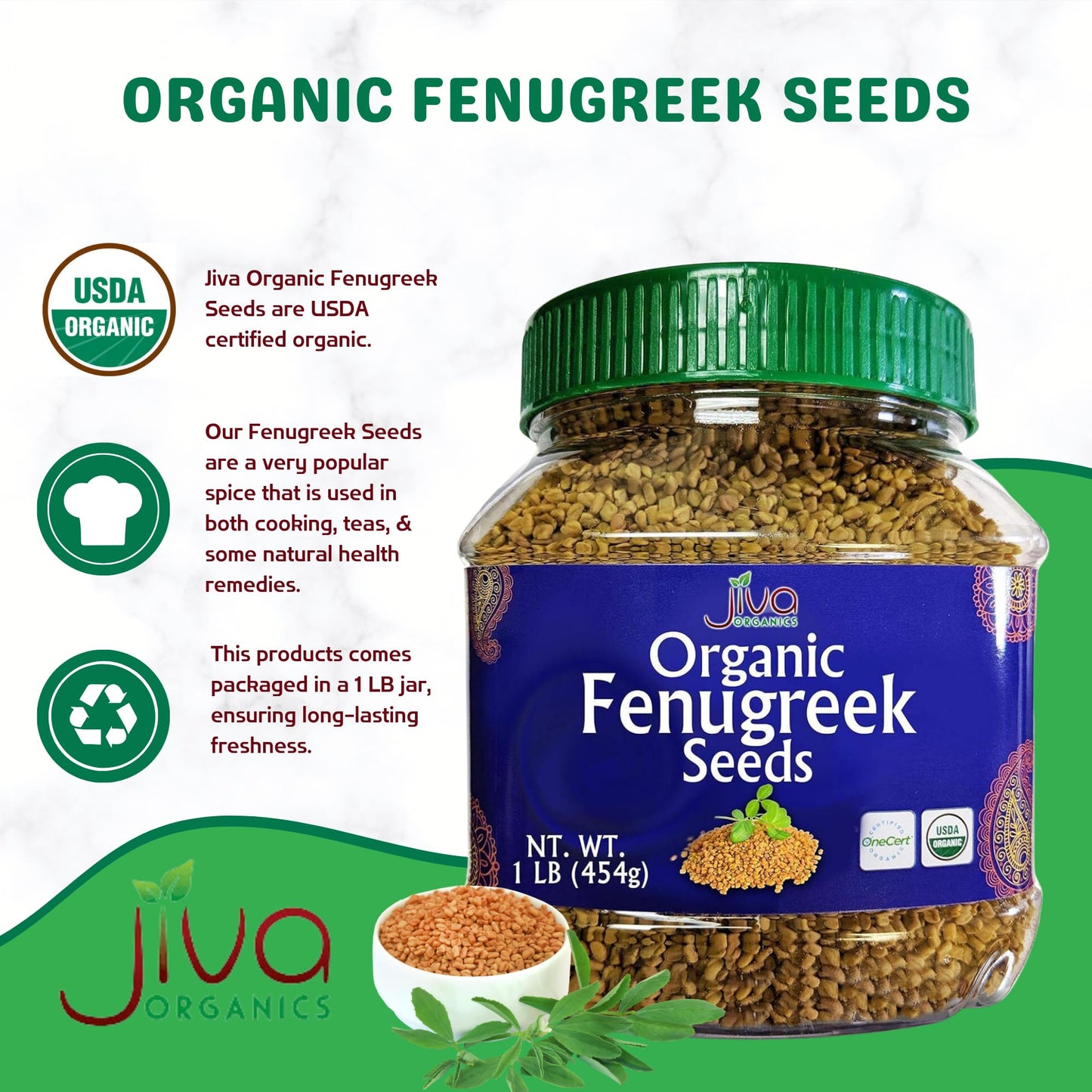 Jiva Organics Organic Fenugreek Seeds Whole 1 Pound Jar - Methi Seed for Cooking, Sprouting & Beauty Care