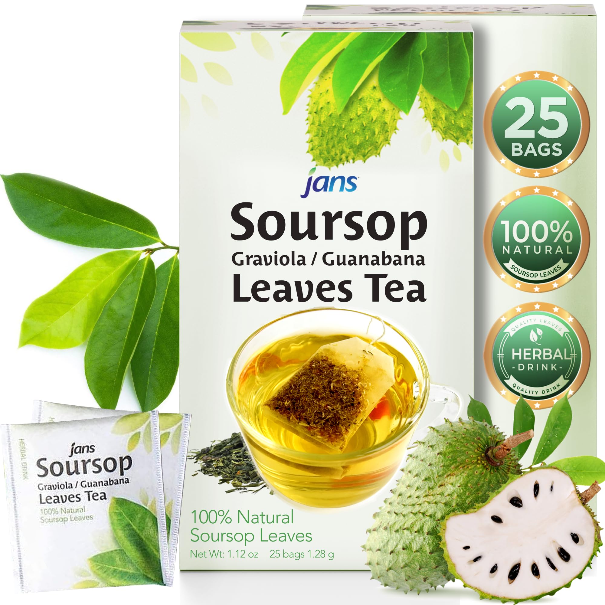 Jans Soursop Tea Bags (25 Count) - Full Strength Herbal Tea from 100% Natural Soursop Leaves - Hoja De Guanabana Graviola Leaf Tea - Caffeine Free