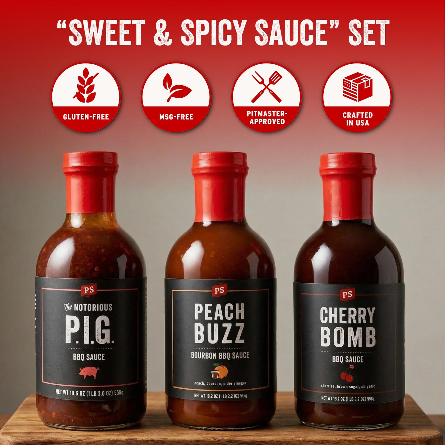 PS Seasoning Sweet Spicy BBQ Sauce Variety 3 Pack - Peach Buzz, Cherry Bomb, and Notorious PIG Gourmet Barbecue Sauce Set for Grilling Cooking