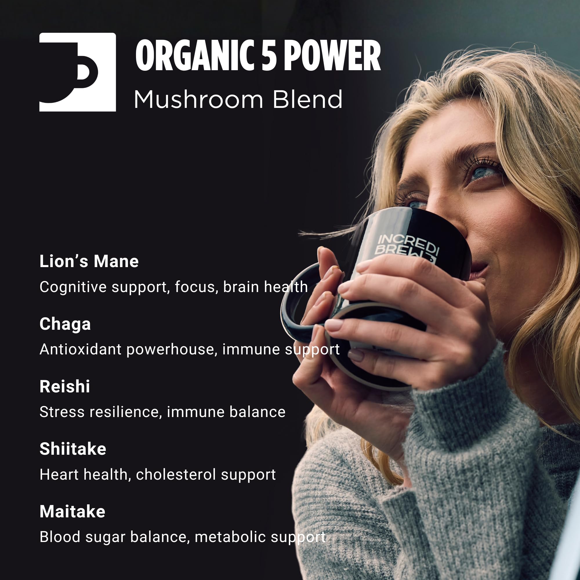 Incredibrew Organic Mushroom Coffee Pods, Keto Friendly with No Sugar; 2000mg Mushrooms (Lion's Mane, Chaga, Reishi, Miatake, Shiitake); Medium-Dark