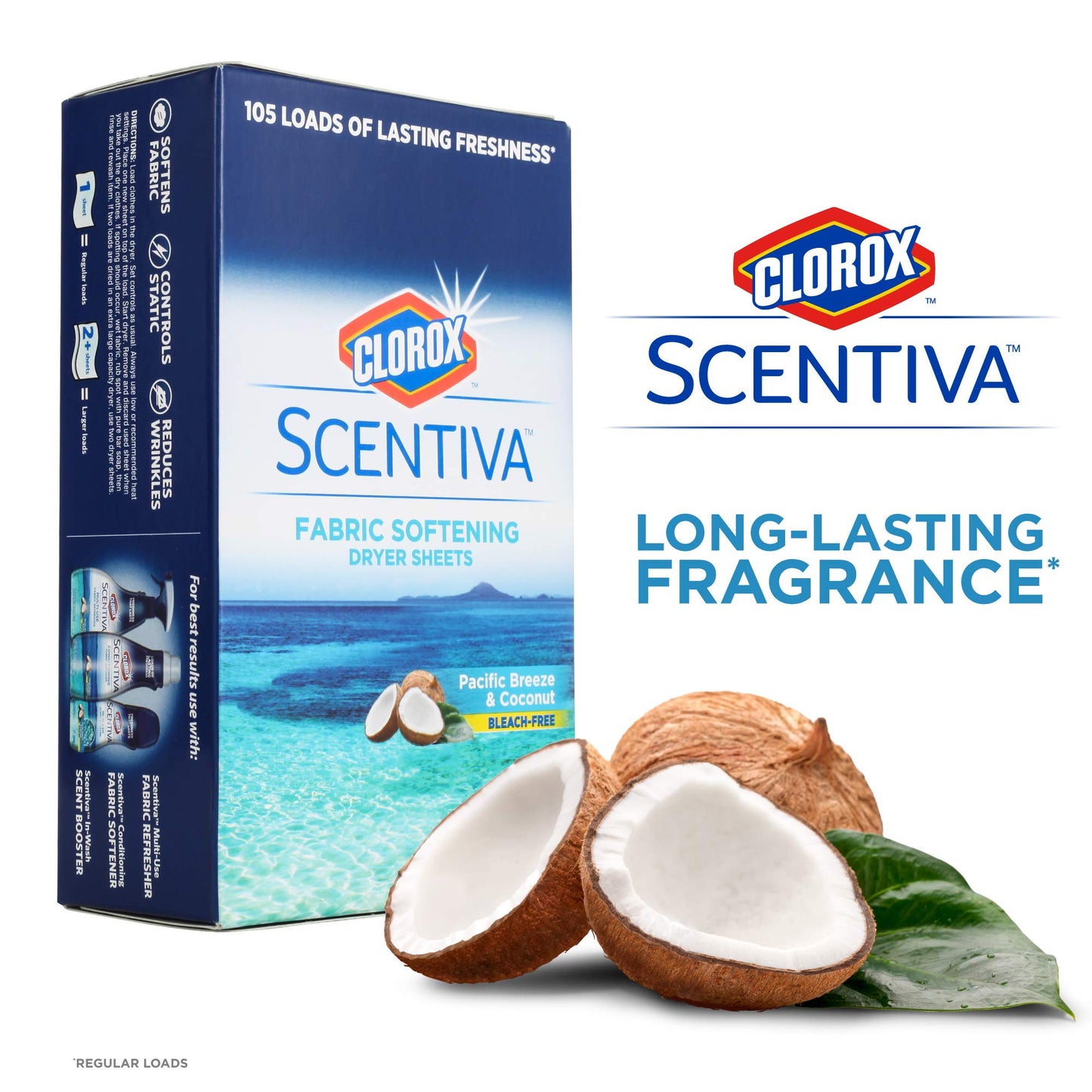 Clorox Scentiva Fabric Softener Dryer Sheets, Pacific Breeze & Coconut Scent - Wrinkle Reducing Scented Softening Laundry Dryer Sheets for Great