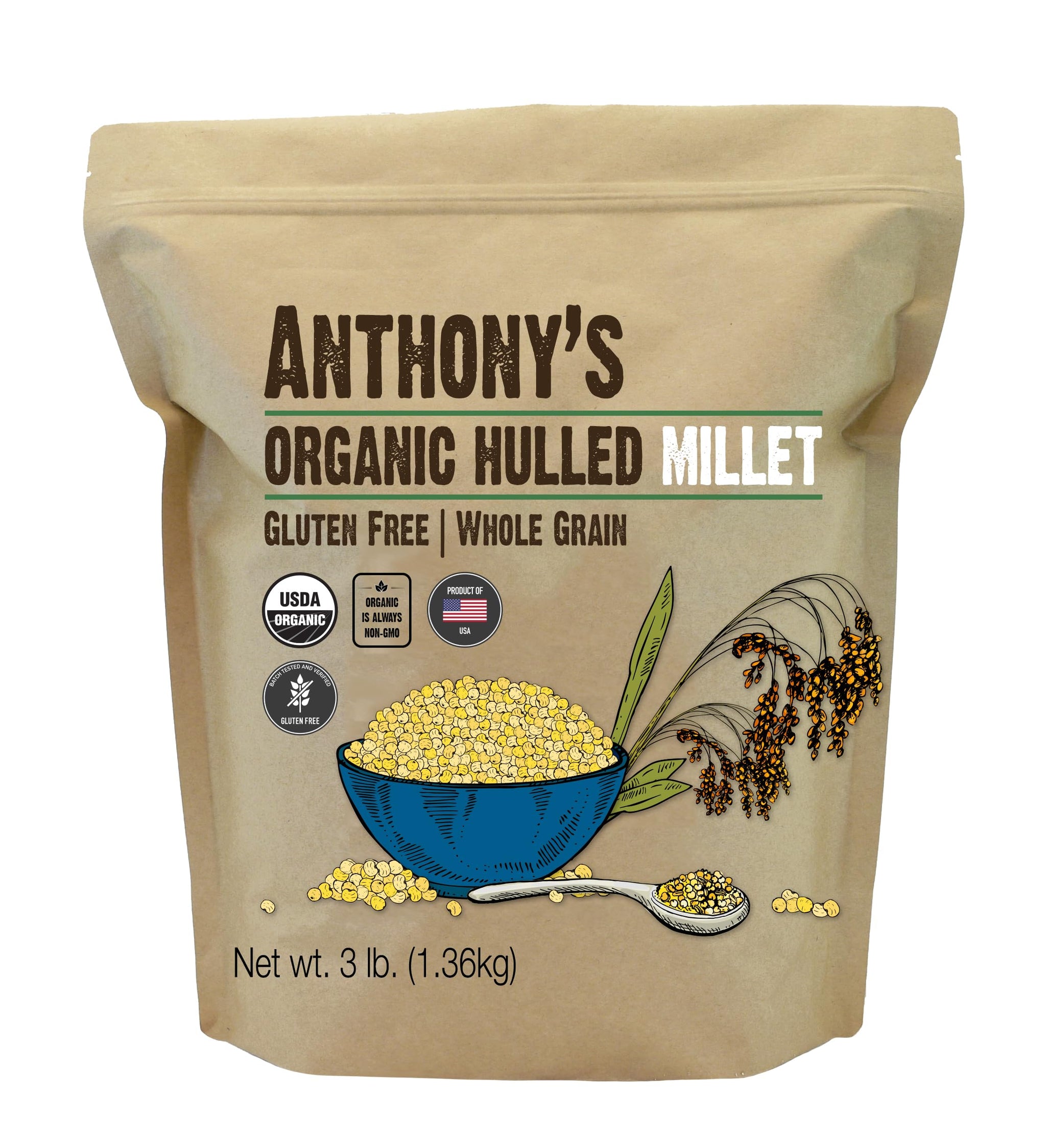 Anthony's Organic Hulled Millet, 3 lb, Gluten Free, Grown in the USA