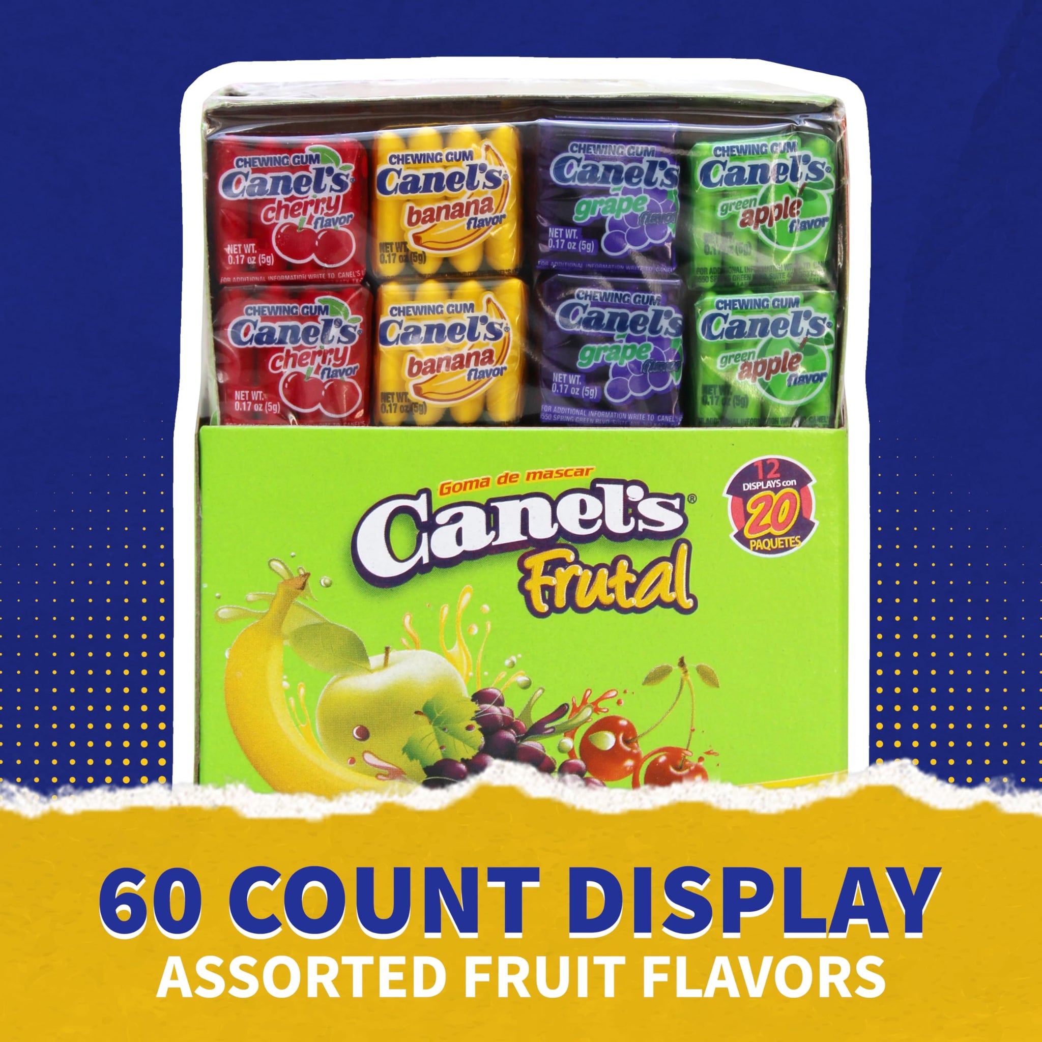 Canel’s Fruit Flavor Chewing Gum, 4 Piece Packs with Cherry, Banana, Grape, and Apple, for Parties and Candy Bars, 60 Count (Pack of 1)