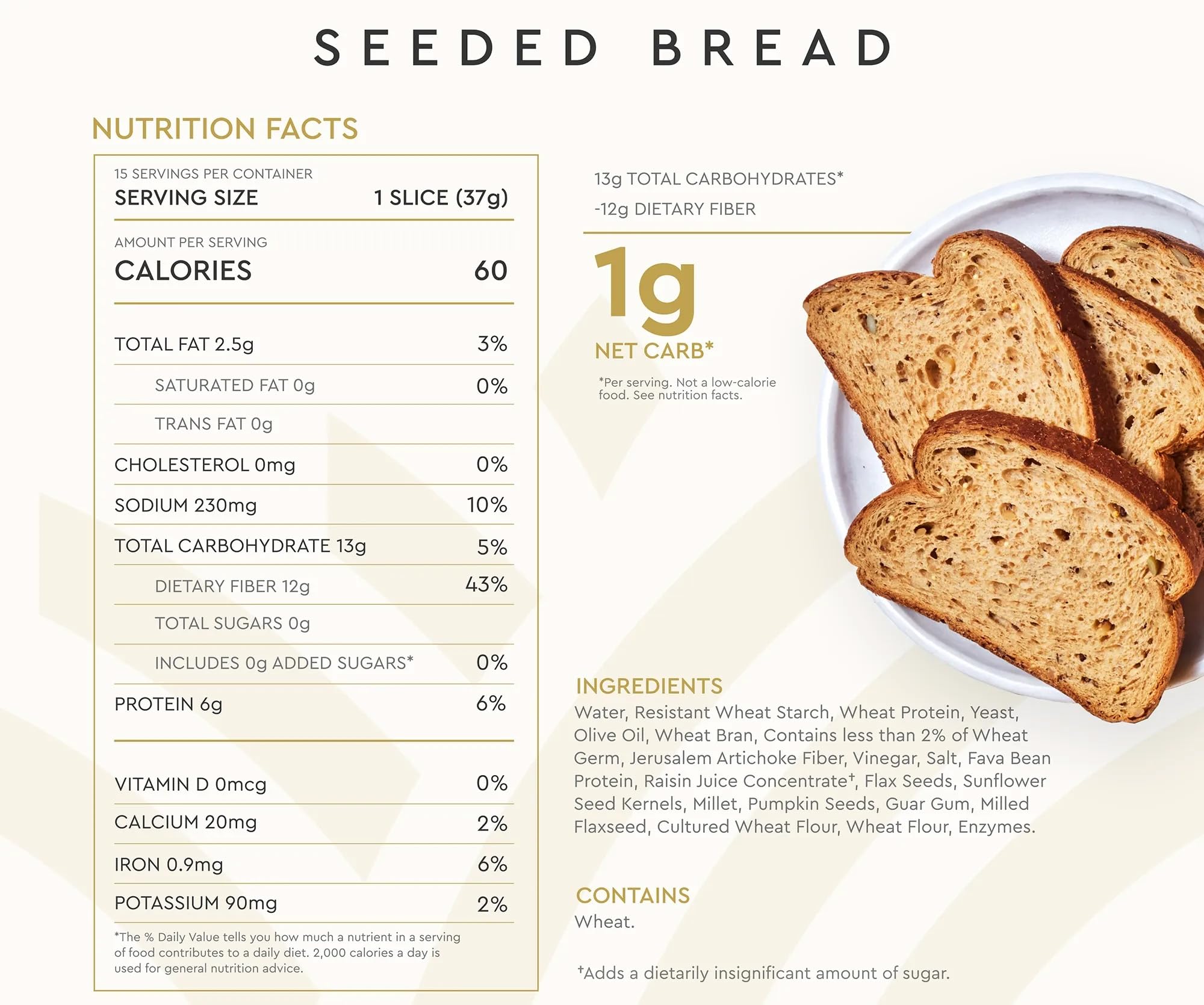 Hero Seeded Bread - Delicious Bread with 1g Net Carb, 0g Sugar, 60 Calories, 12g Fiber per Slice | Tastes Like Regular Bread | Low Carb & Keto
