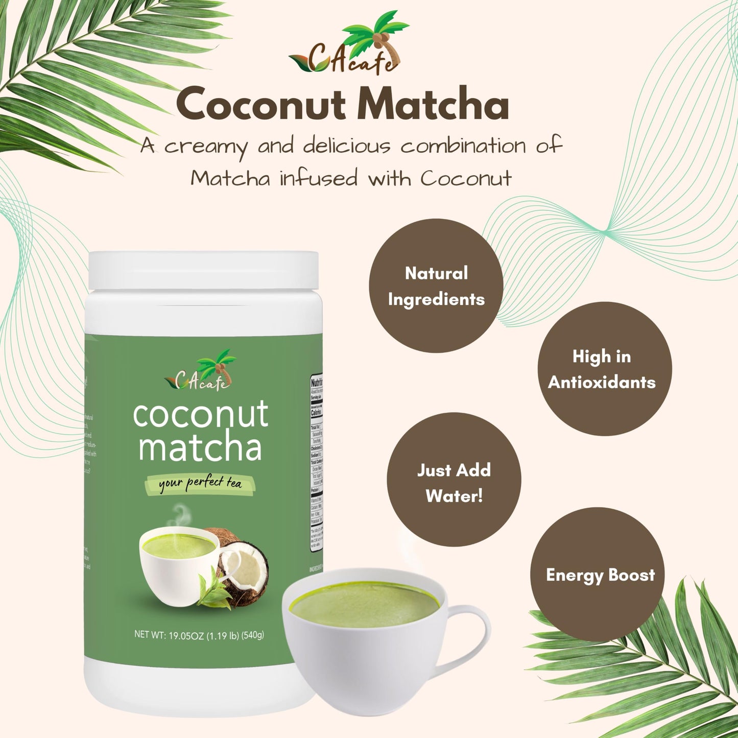 CAcafe Coconut Matcha | Instant Japanese Health Drink | Creamy & Sweet | Hot or Iced Green Tea Latte Mix | New Look, Reduced Sugar | Non-GMO | No