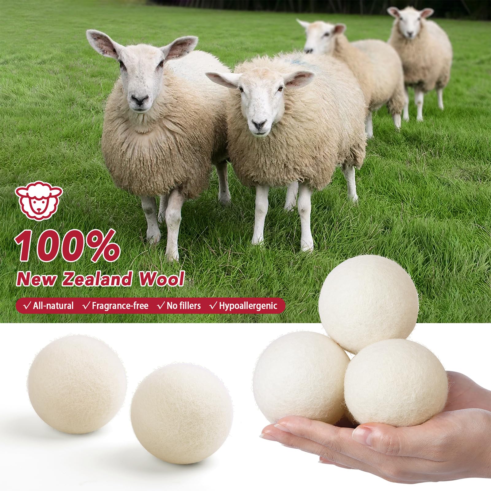 100% New Zealand Wool Dryer Balls XL Size - 6 Pack, Organic & Chemical-Free Fabric Softener, Baby Safe & Hypoallergenic, Reduces Static, Wrinkles