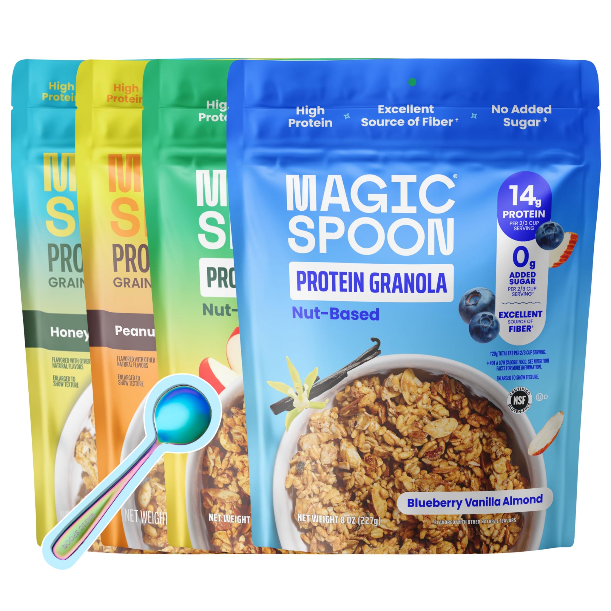 Magic Spoon High Protein Granola Low Sugar - 4 Pack: Apple Cinnamon, Blueberry Vanilla, Peanut Butter, & Honey Almond - Low Carb Sugar Free Protein