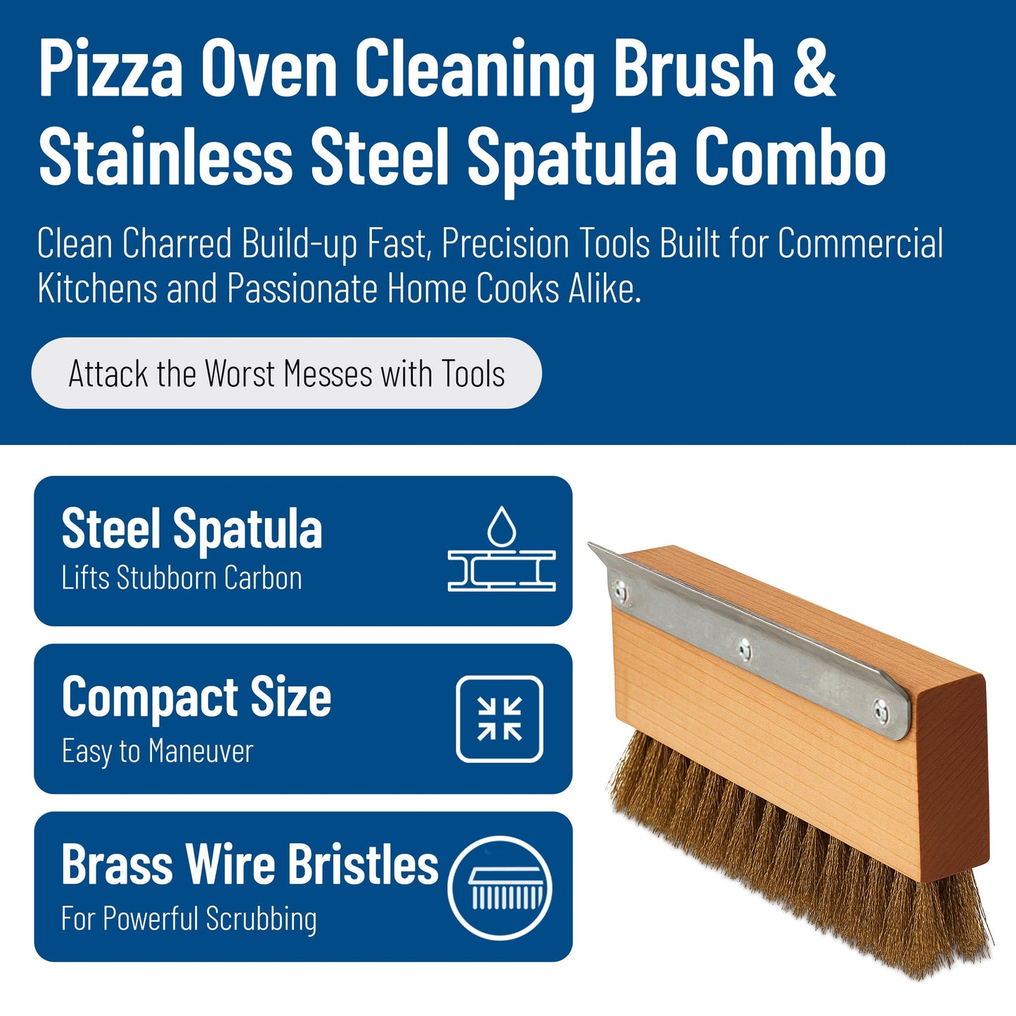 Carlisle Sparta Pizza Oven Brush with Scraper, Brass Wire Bristles, Stainless Steel Scraper, Brown, 8.5" x 4.25" x 1.5" (Pack of 12)