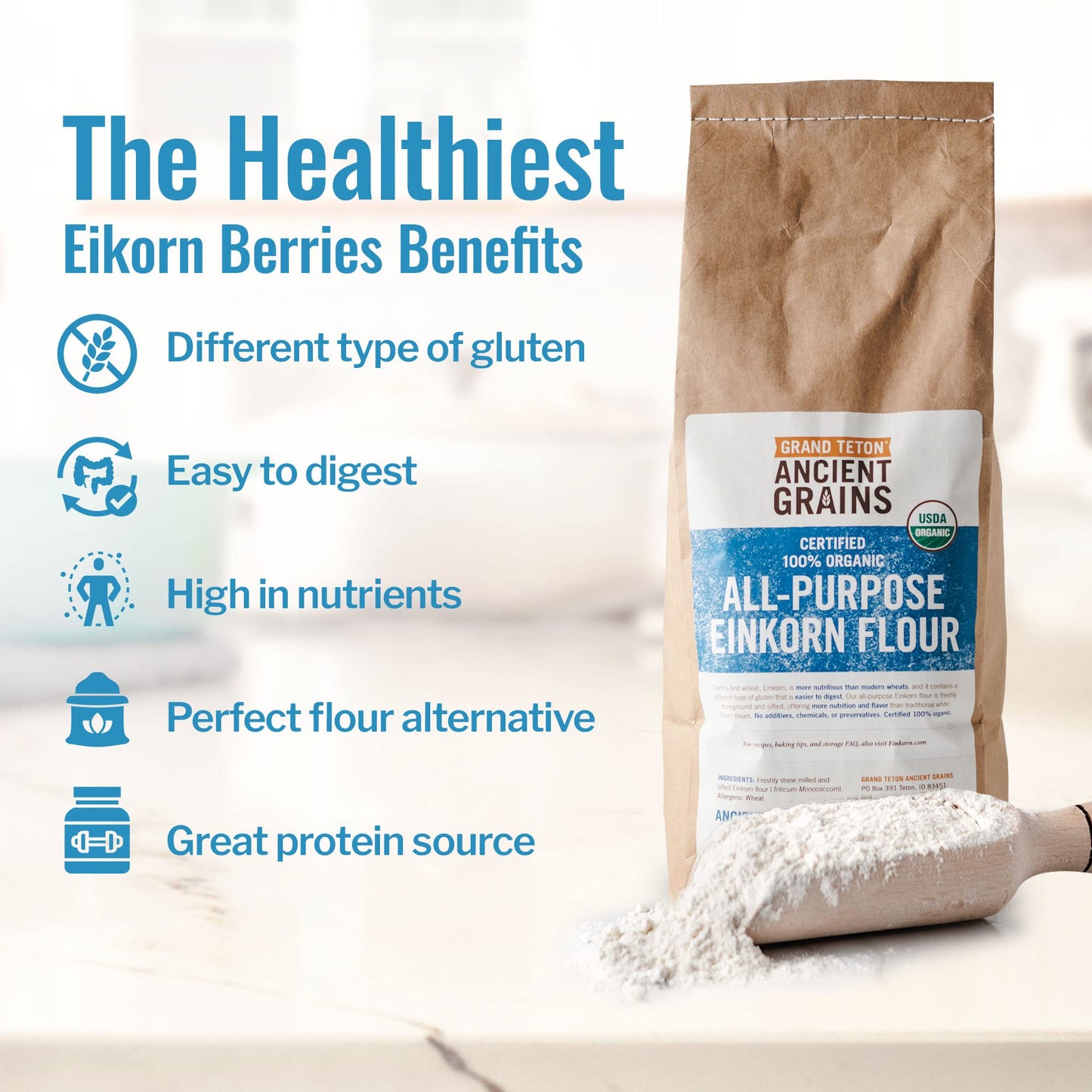 Grand Teton Ancient Grains - 100% Organic All-Purpose Einkorn Flour, Einkorn Flour Organic & Non-GMO, Einkorn Flour, Rich in Vitamins & Minerals
