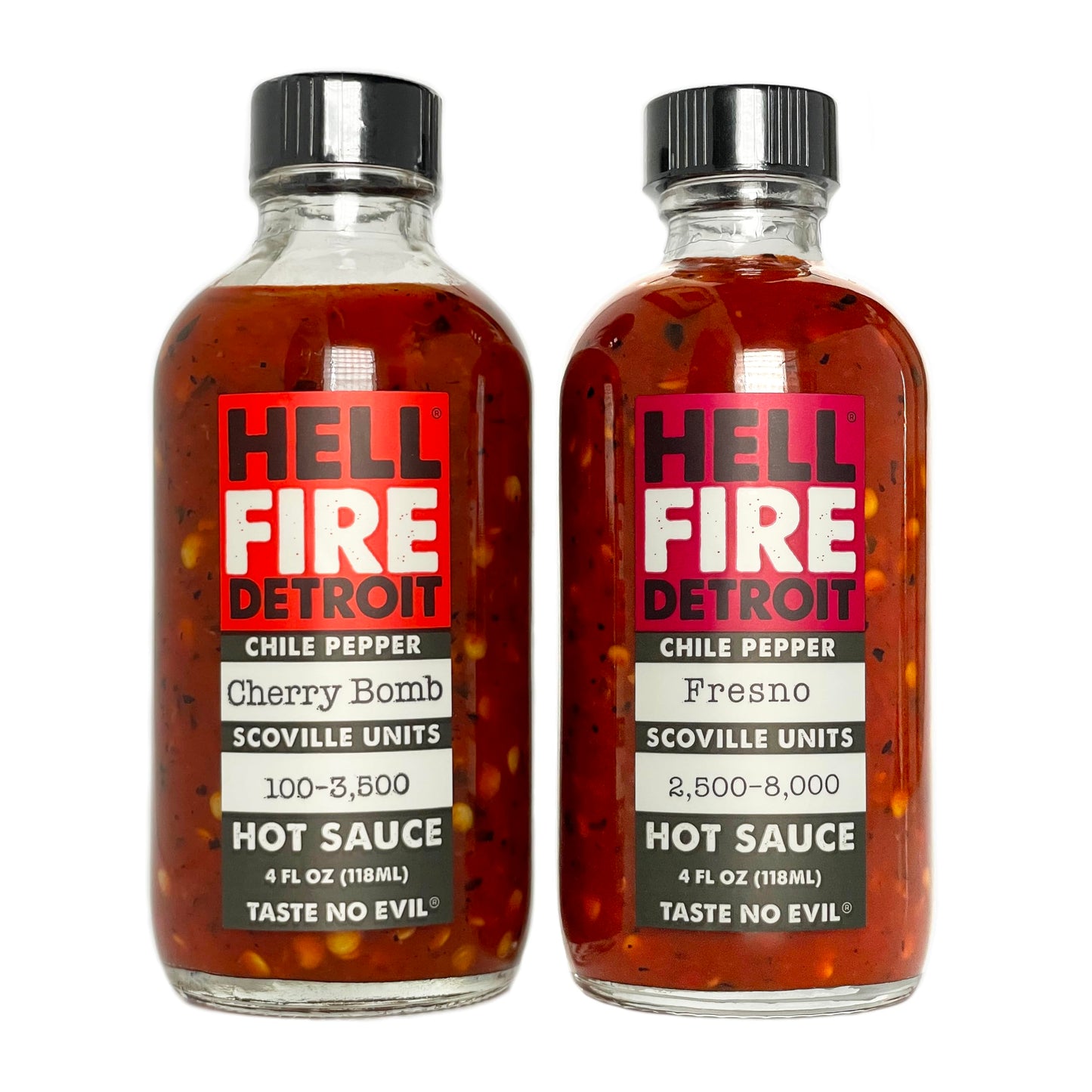 Hell Fire Detroit Cherry Bomb & Fresno Combo (Medium) Hot Sauce, Crafted with Fresh, Fire-Roasted Chile Peppers, All-Natural, Vegan, Gluten-Free, Low