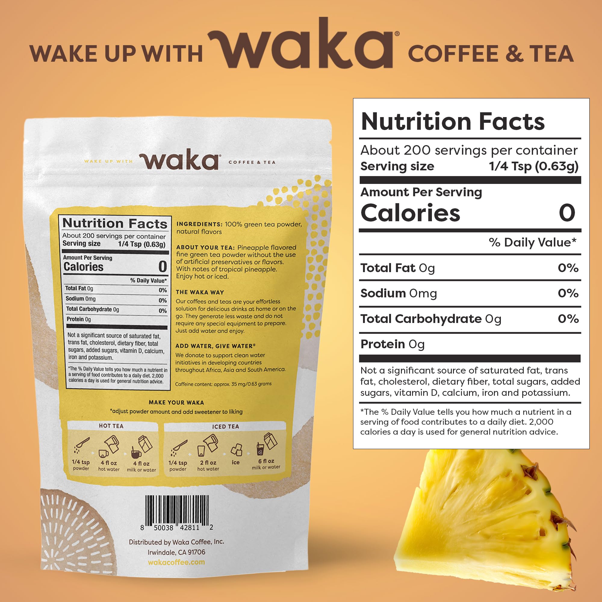 Waka Instant Green Tea Mix, Pineapple Flavored - 100% Tea Leaves, No Additives, Unsweetened Tea Powder in Bulk Pouch - Easy Quick Hot and Iced Teas