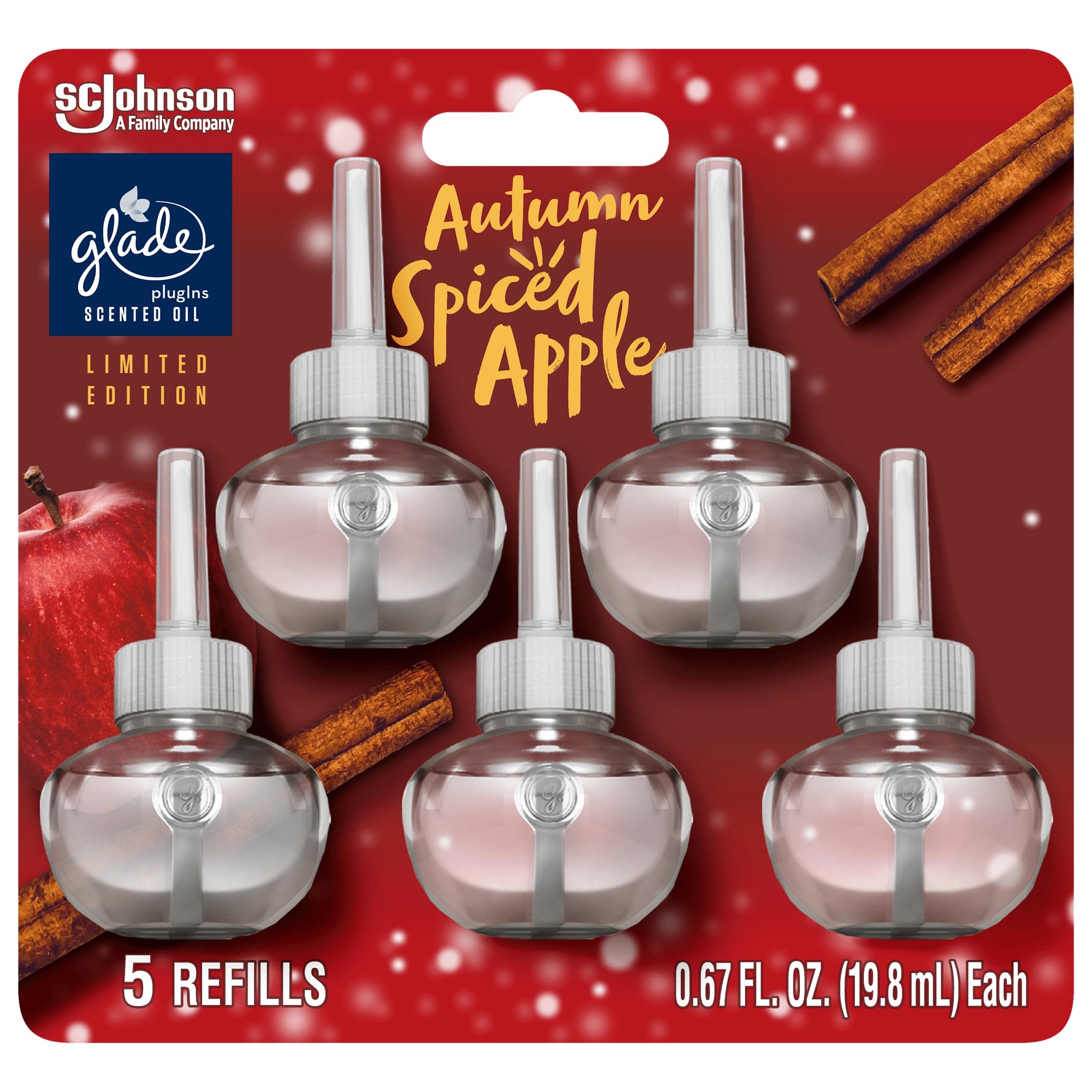 Glade PlugIns Refills Air Freshener, Scented and Essential Oils for Home and Bathroom, Autumn Spiced Apple, 3.35 Fl Oz, 5 Count