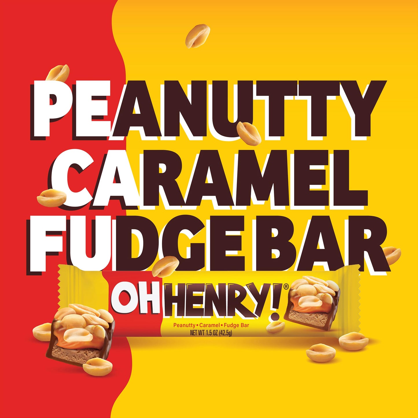 Oh Henry!, Peanuty, Caramel, Fudge Bar, Full Size Individually Wrapped Candy Bars, 1.5oz each, Bulk 24 Pack