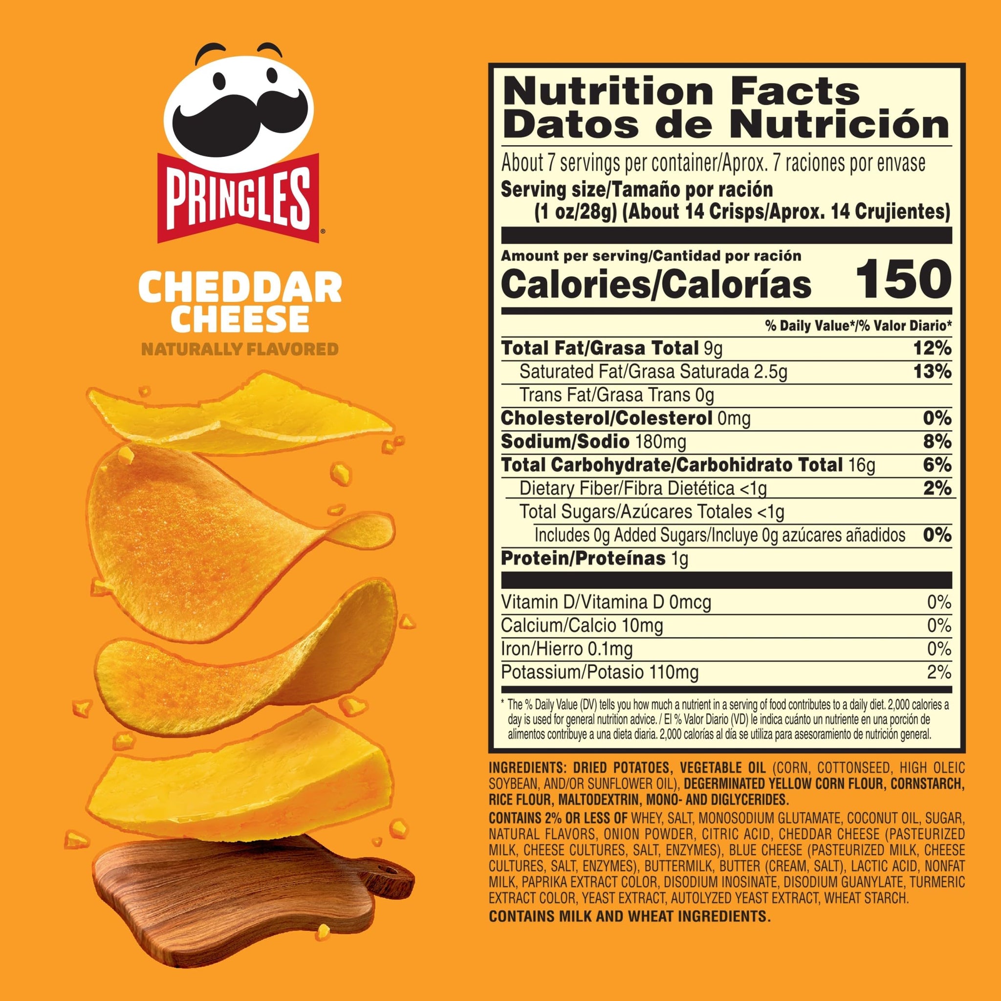 Pringles Potato Crisps Chips, Lunch Snacks, On-The-Go Snacks, Party Stack, Cheddar Cheese, 7.1oz Can (1 Can)