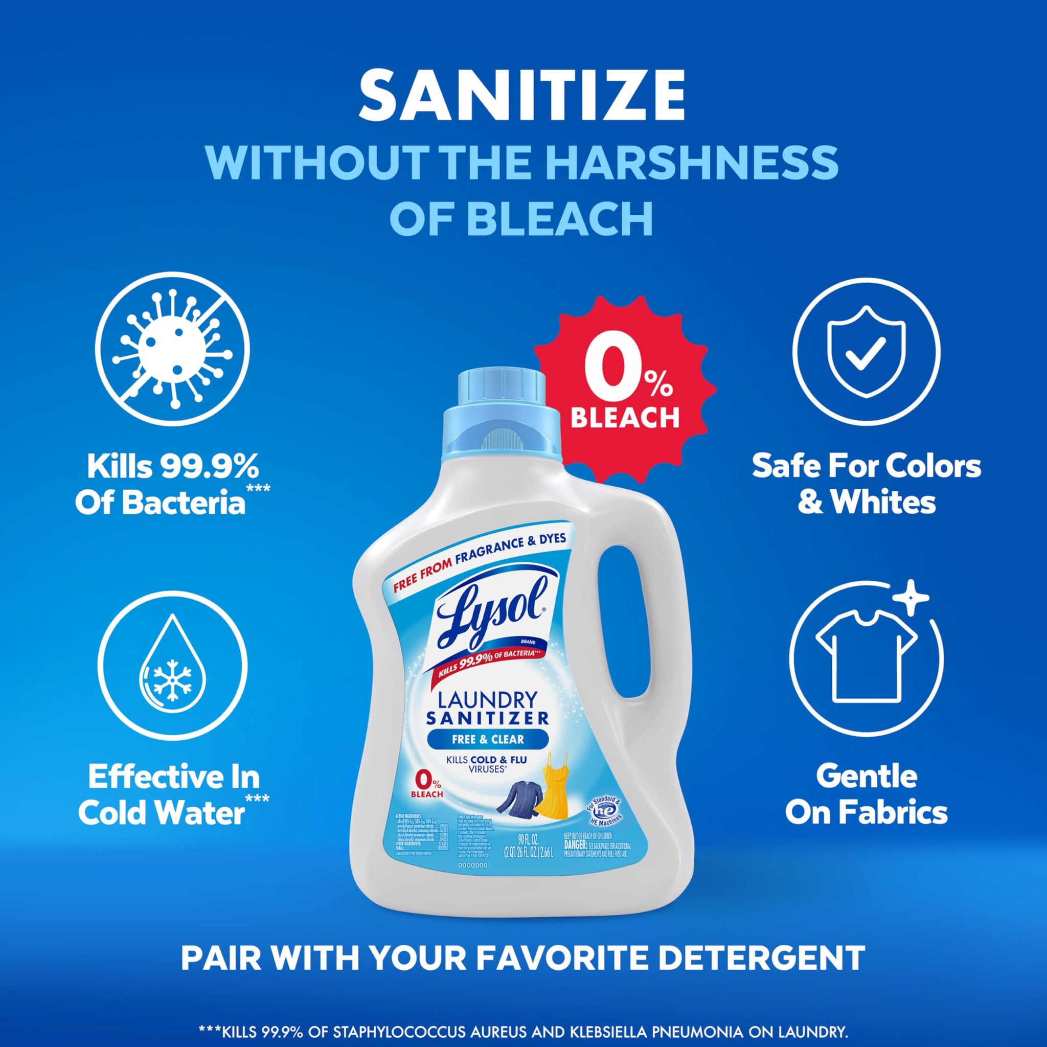 Lysol Laundry Sanitizer Additive, Free & Clear, Free from Fragrance and Dyes, 0% Bleach Laundry Sanitizer, Bacteria-causing Laundry Odor Eliminator