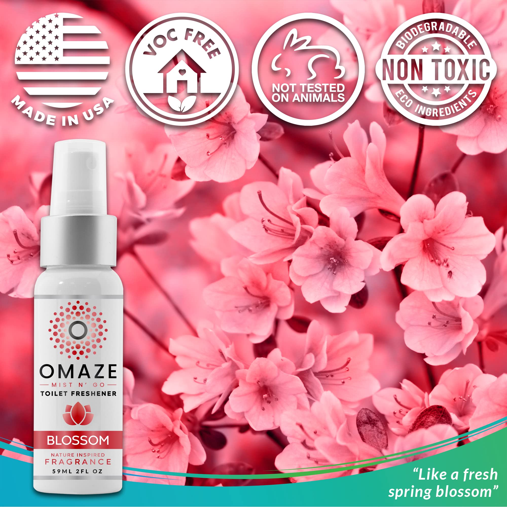 OMAZE Mist N Go Toilet Freshener, Blossom Scent 2Fl Oz | Odor Neutralizer for Toilets