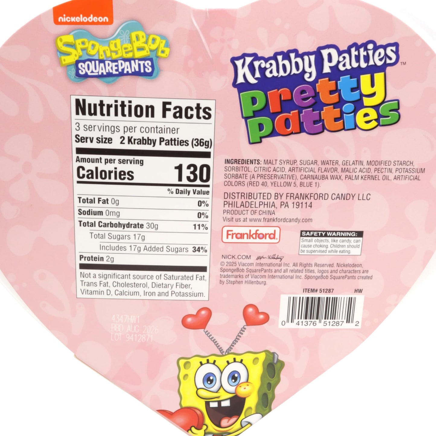 SpongeBob SquarePants Pretty Patties Heart Gift Box, Valentine's Day Gummy Krabby Patty Candy, Assorted Fruit Flavored, 6 Count