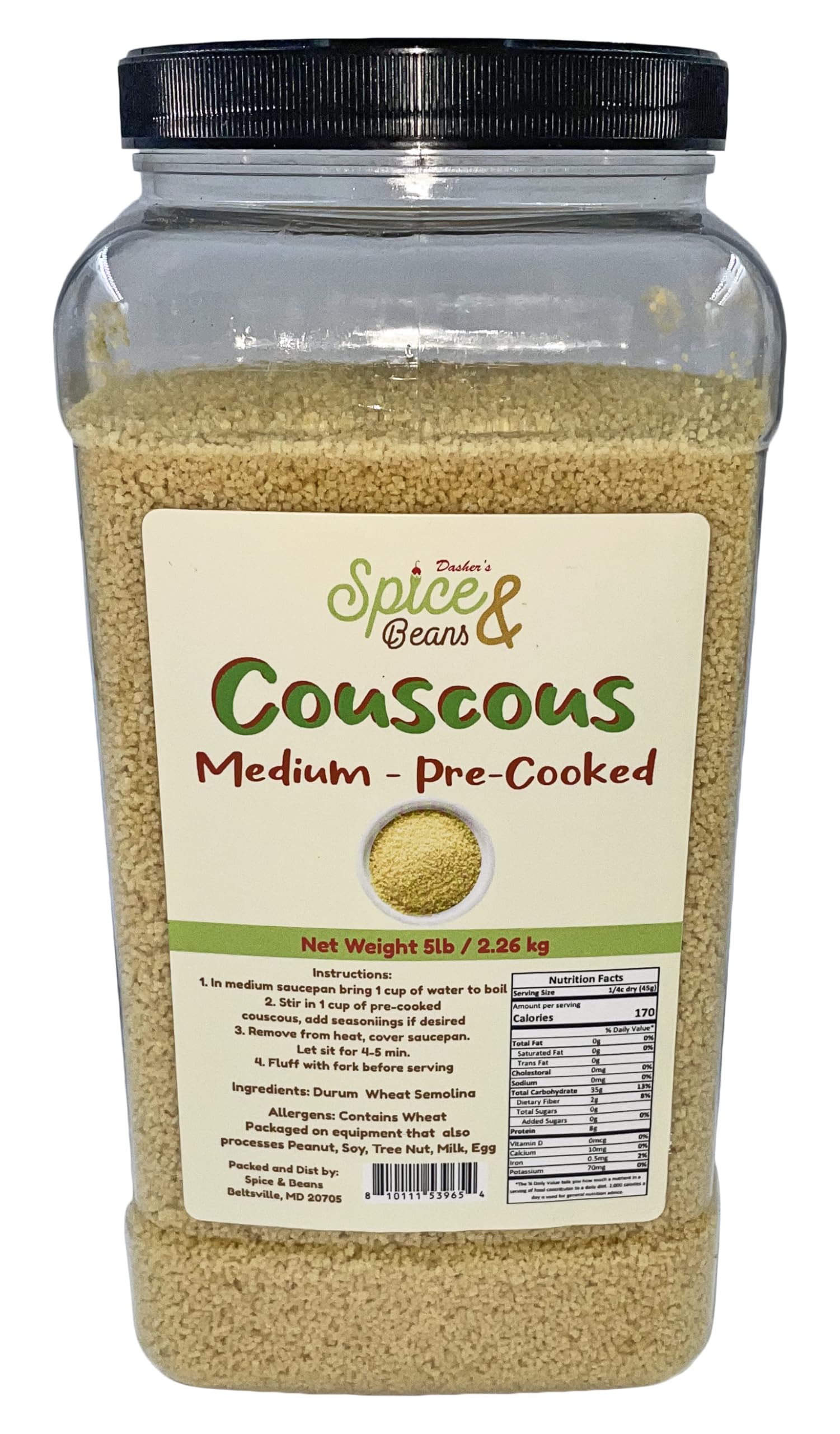 Medium Pre-cooked Couscous | 5 lb Container | Durum Wheat Semolina | Quick Cooking Grain for Salads | Side Dishes | Meal Prep & Mediterranean Recipes by Dasher's Spice & Beans