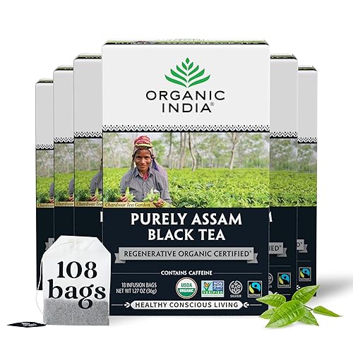 Organic India Purely Assam Black Tea - Caffeinated Herbal Tea Bags with Natural Assam Leaves, Enjoy with Milk & Sweetener, USDA Organic, Non-GMO