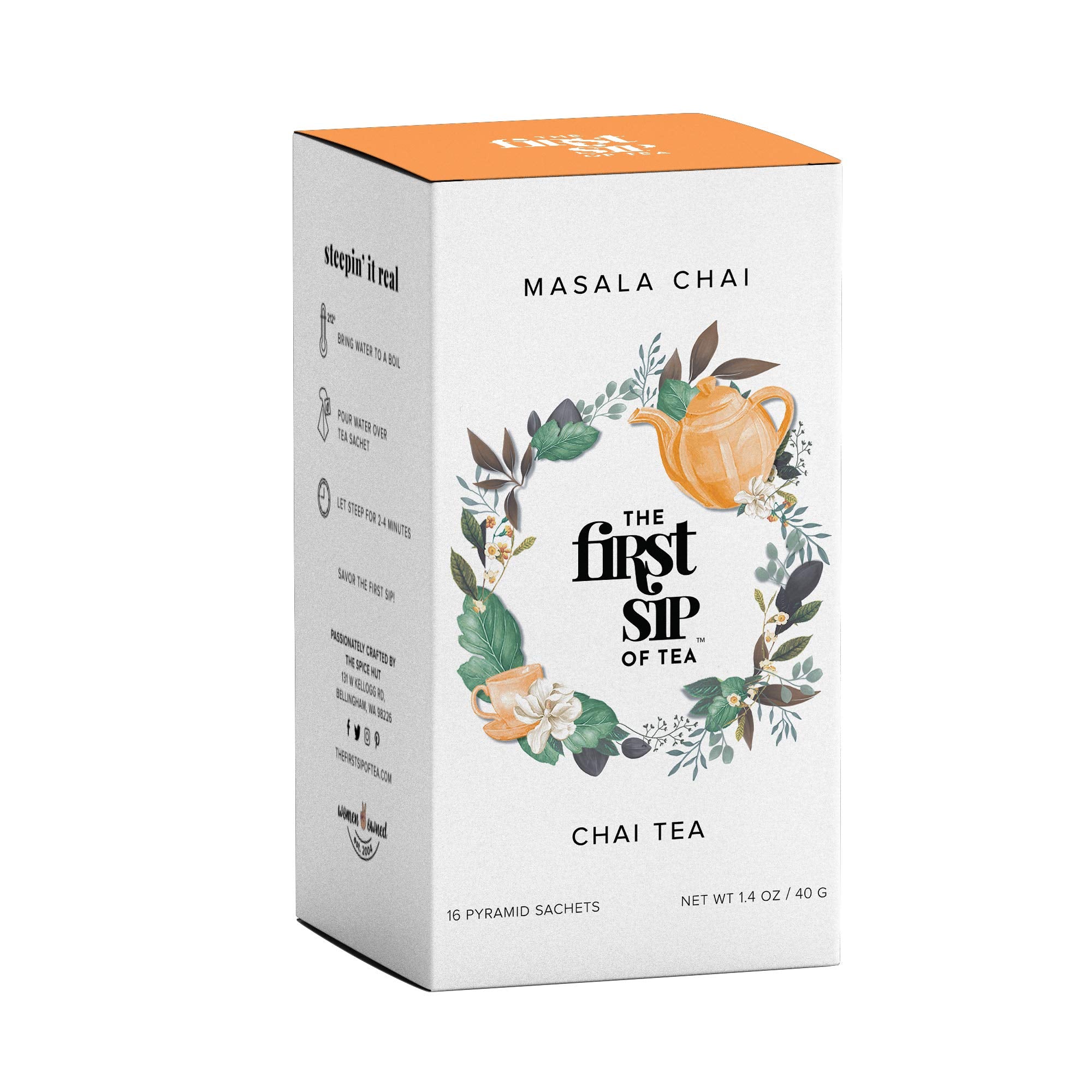 Masala Chai Tea Bags - Unsweetened Black Tea, High Caffeine, Traditional Indian Spiced Black Tea with Cardamom, Cinnamon, Fennel - 16 Cups | The Spice