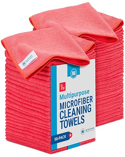 12" x 12" Microfiber Cleaning Cloths (50 Pack) - Reusable Towels, Wash Rags, Dust Cloth, All-Purpose: Kitchen, Dish, Cars, Shop, Glass (Red)