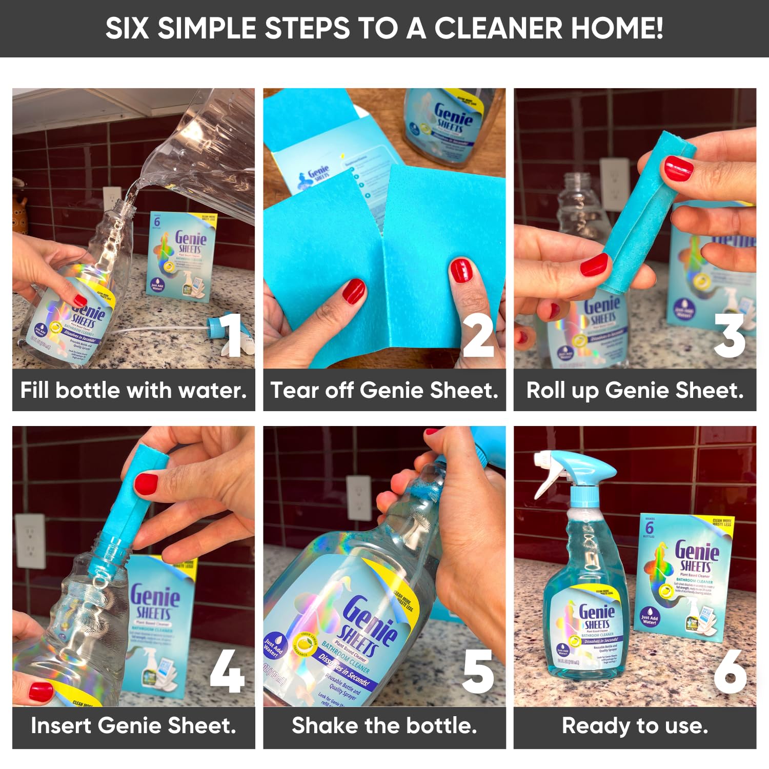 Genie Sheets Bathroom Cleaner | Concentrate Makes 6 24oz Refills | Professional-Strength | Just Add Water | Sustainable Eco-Friendly Plant-Based