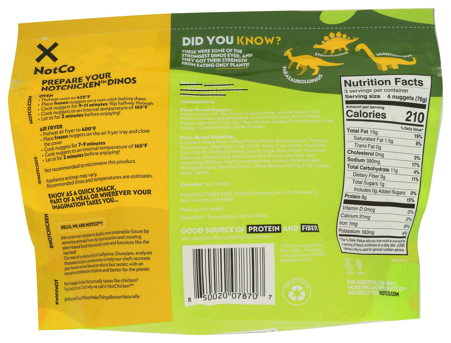 NotCo NotChicken Dinos Frozen Plant-Based Breaded Chicken Nuggets, 8 oz Pouch