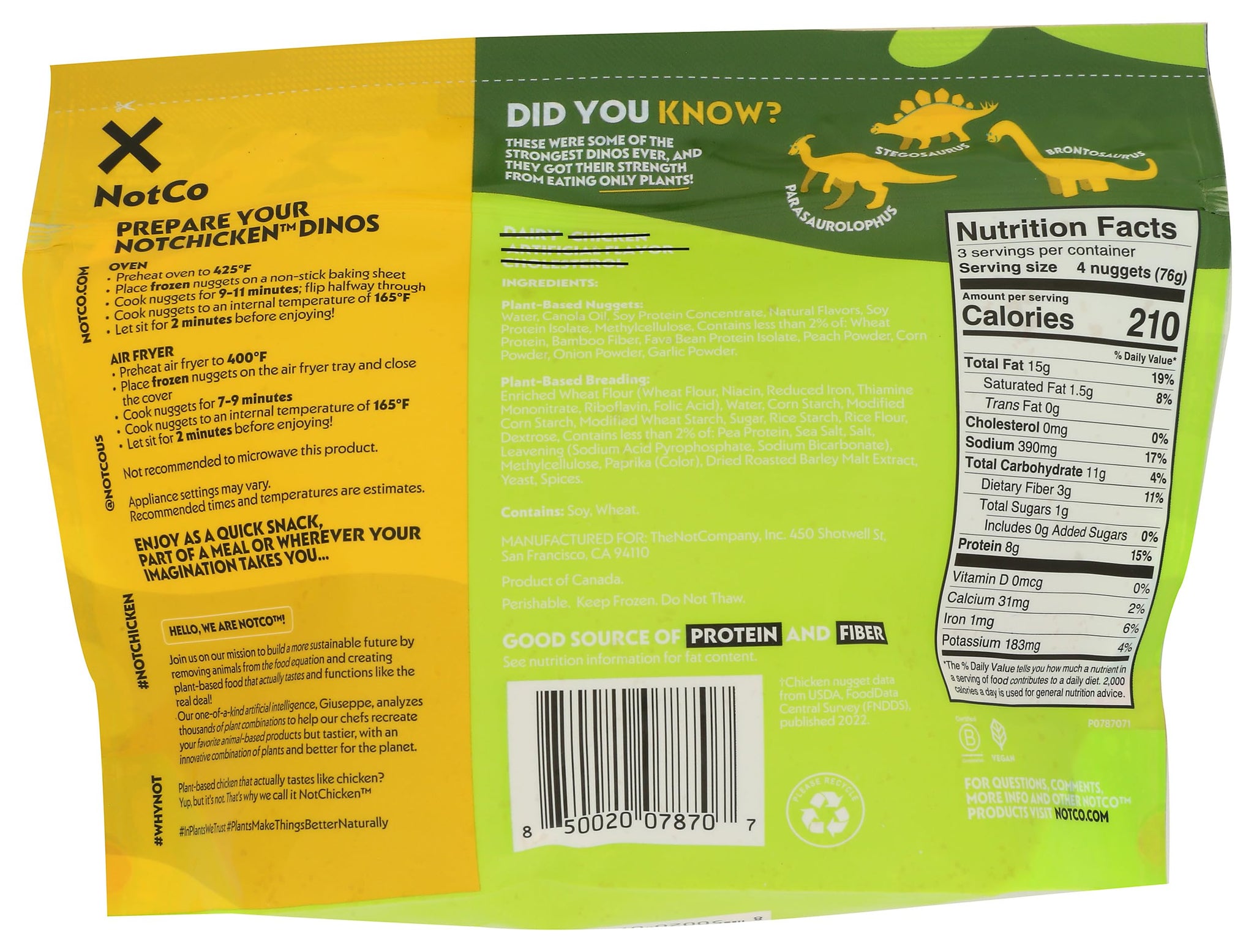 NotCo NotChicken Dinos Frozen Plant-Based Breaded Chicken Nuggets, 8 oz Pouch