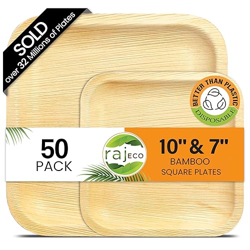 Raj Palm Leaf Plates Disposable Bamboo Plates 10 Inch & 7 Inch Square Bulk Party Pack (50 Pc) Compostable and Biodegradable - Better than Plastic
