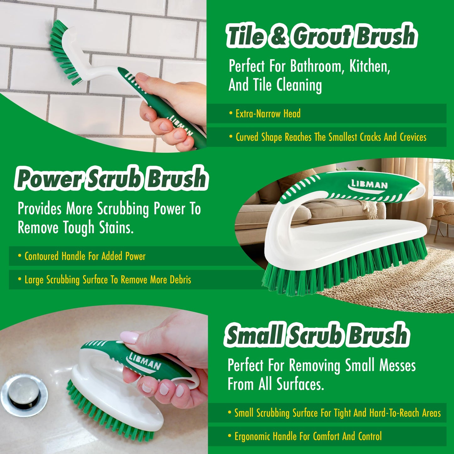 Libman Scrub Brush Kit | Cleaning Brush | Tile & Grout Brush | Small Scrub Brush | Power Scrub Brush | Carpet Brush | Bathroom Scrubber | Boot