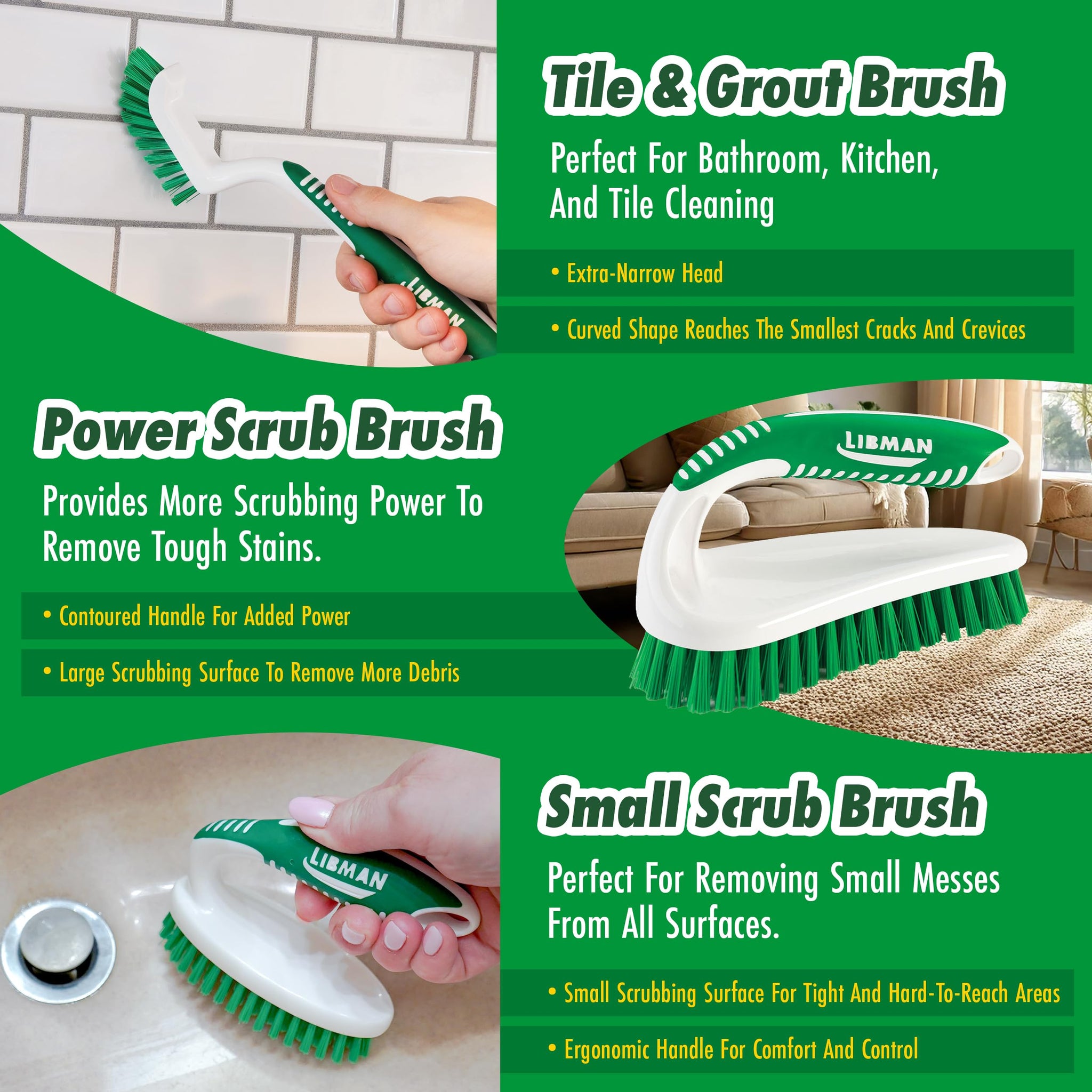 Libman Scrub Brush Kit | Cleaning Brush | Tile & Grout Brush | Small Scrub Brush | Power Scrub Brush | Carpet Brush | Bathroom Scrubber | Boot